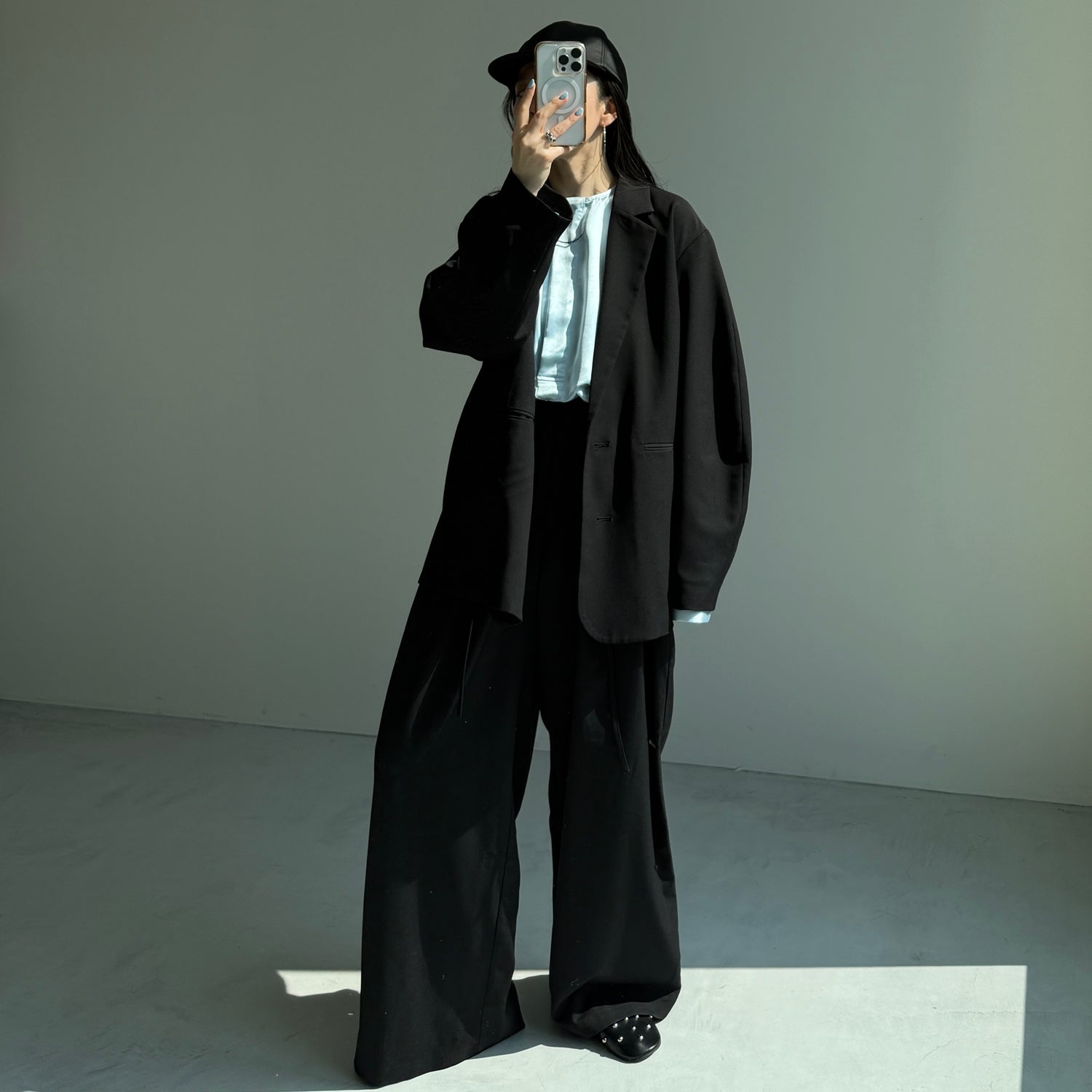over size no collar mannish satin shirt / light blue