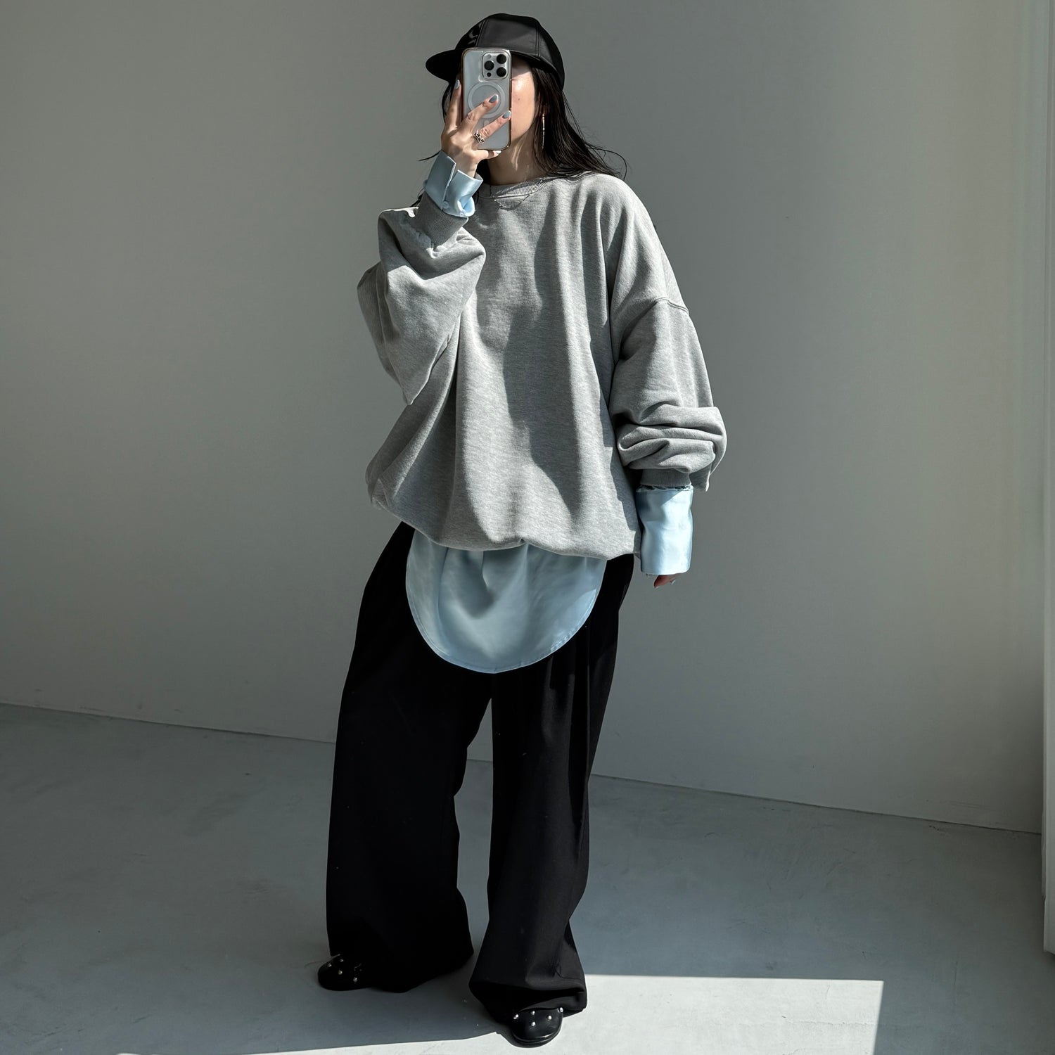 over size no collar mannish satin shirt / light blue