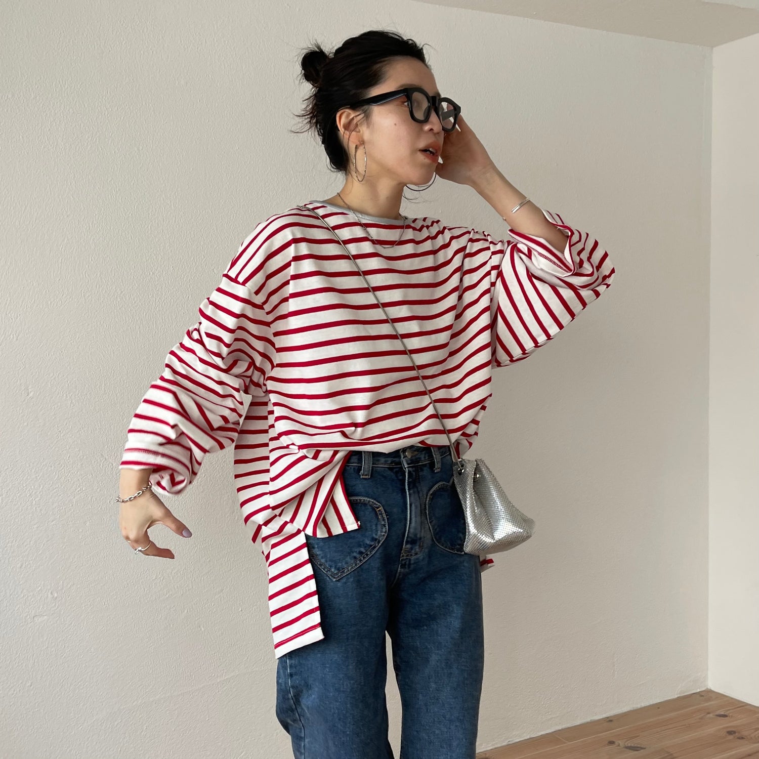 wide sleeve over size border tee / cherry red