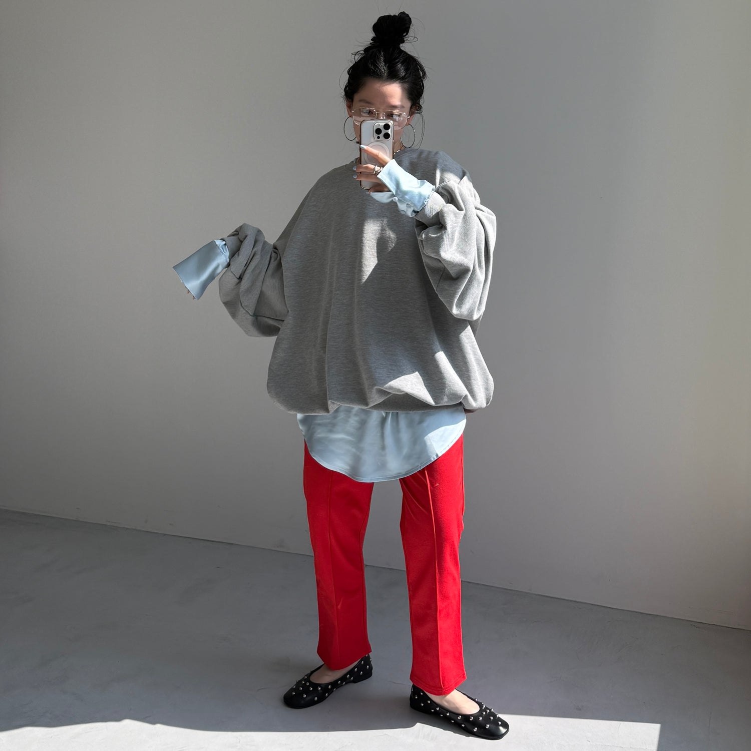 over size no collar mannish satin shirt / light blue