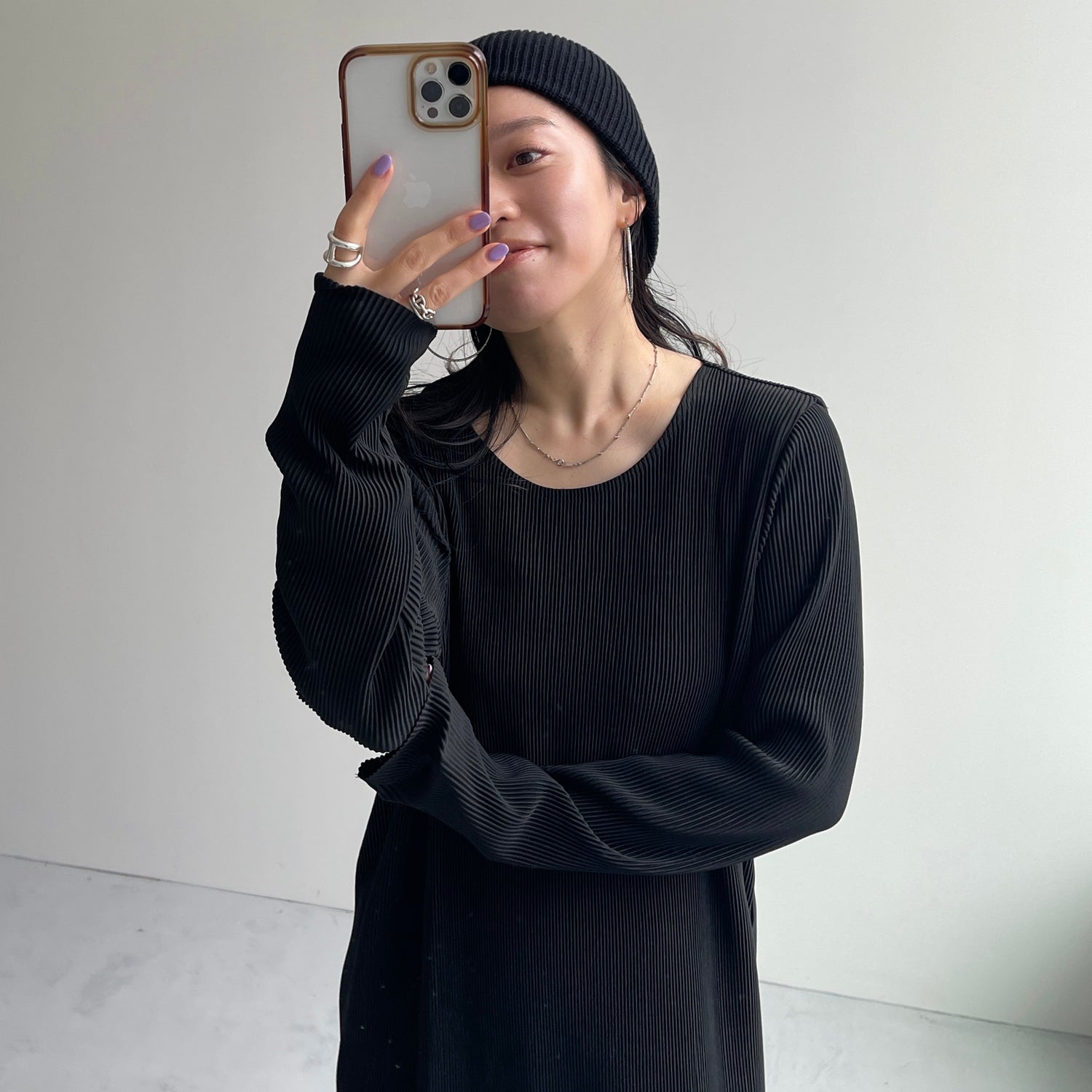 daily daily super stretch crew neck pleats one piece / black [FREE or LONG]