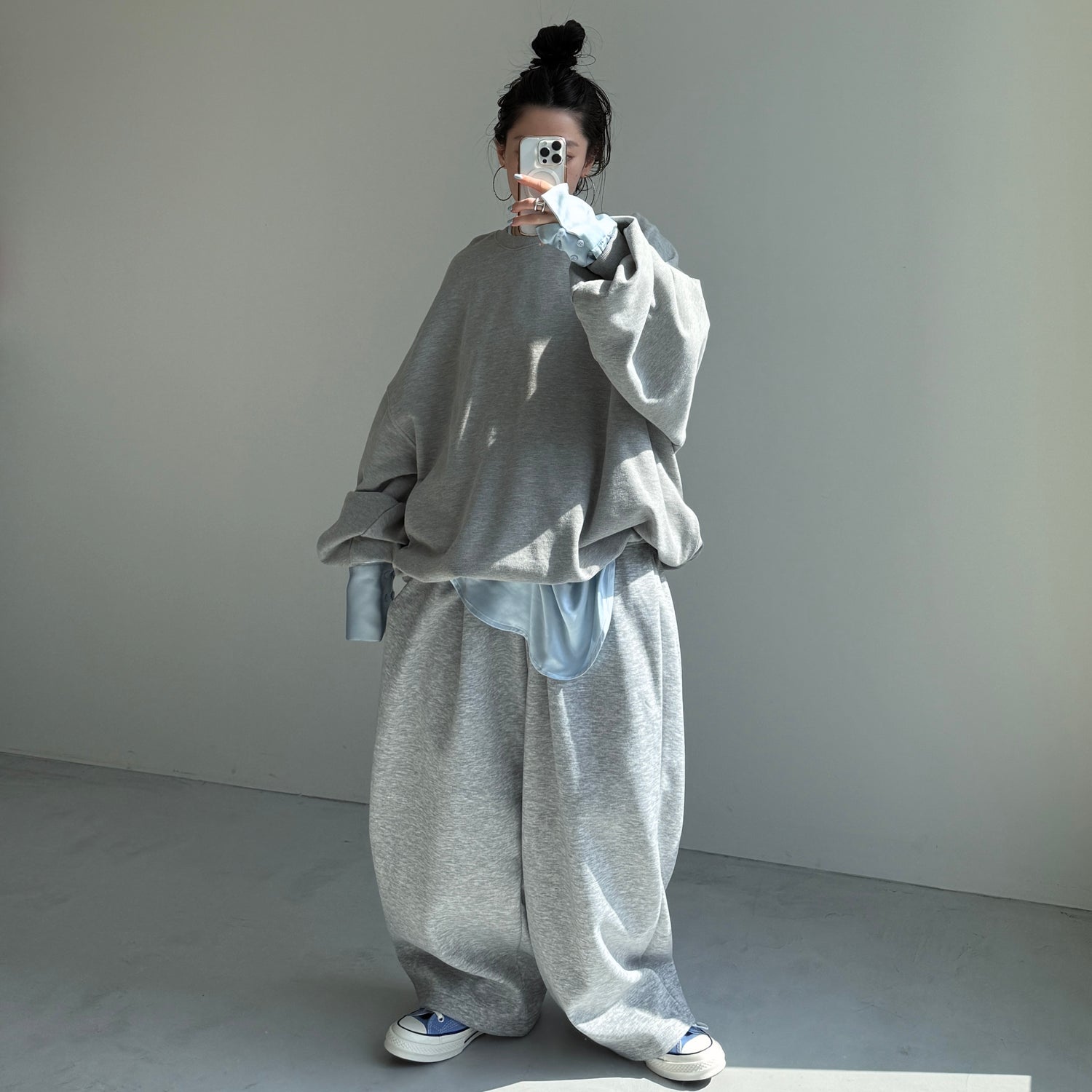 over size no collar mannish satin shirt / light blue