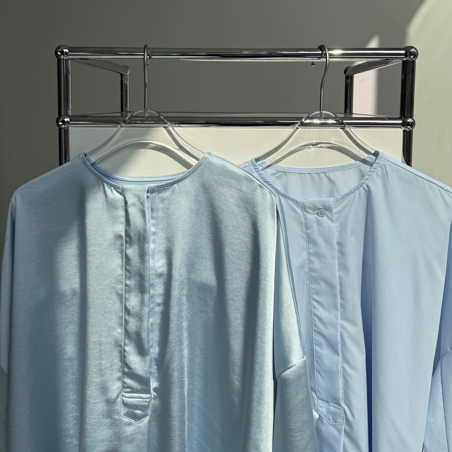 over size no collar mannish satin shirt / light blue
