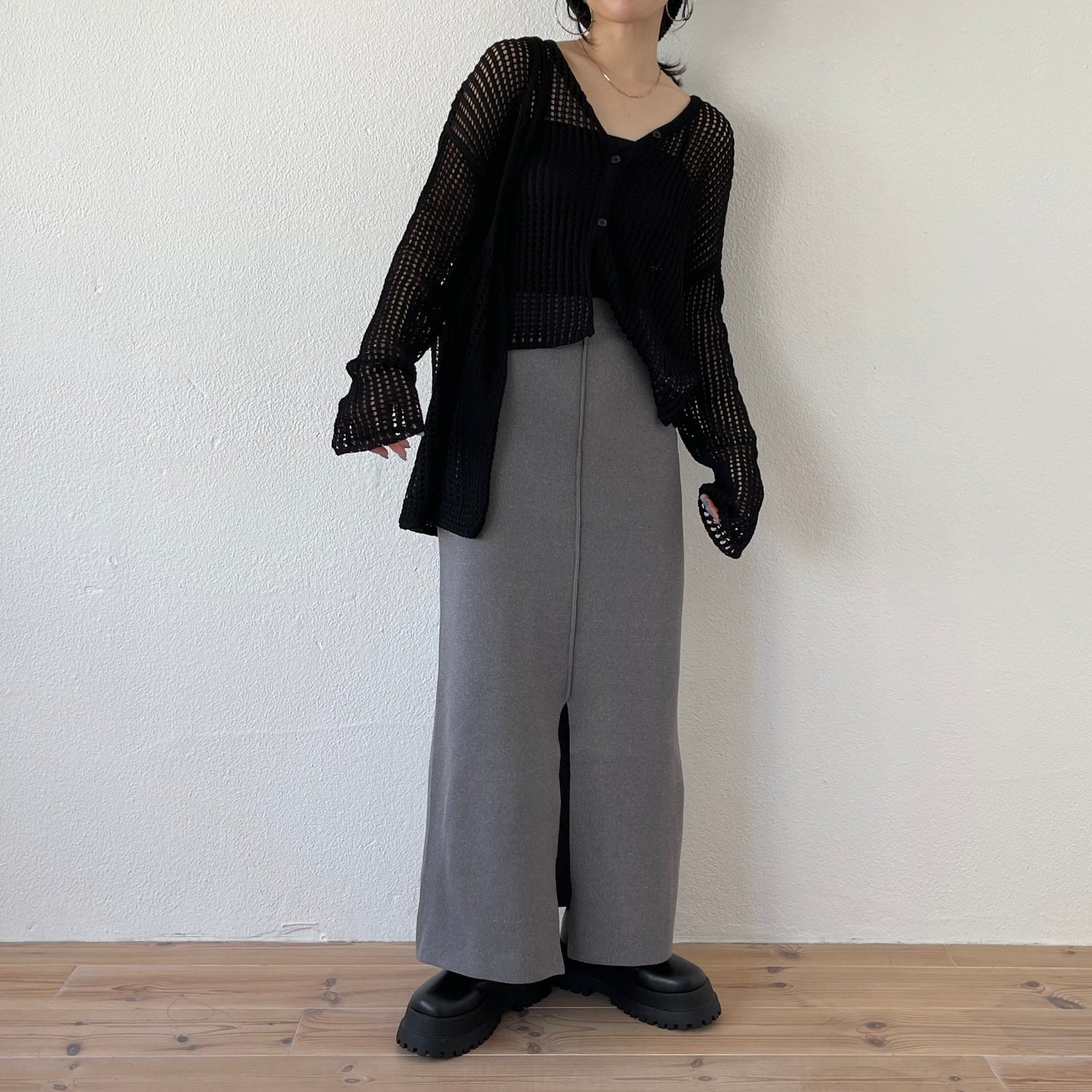 【SAMPLE】【2点SET】mesh knit cardigan with tote bag / black