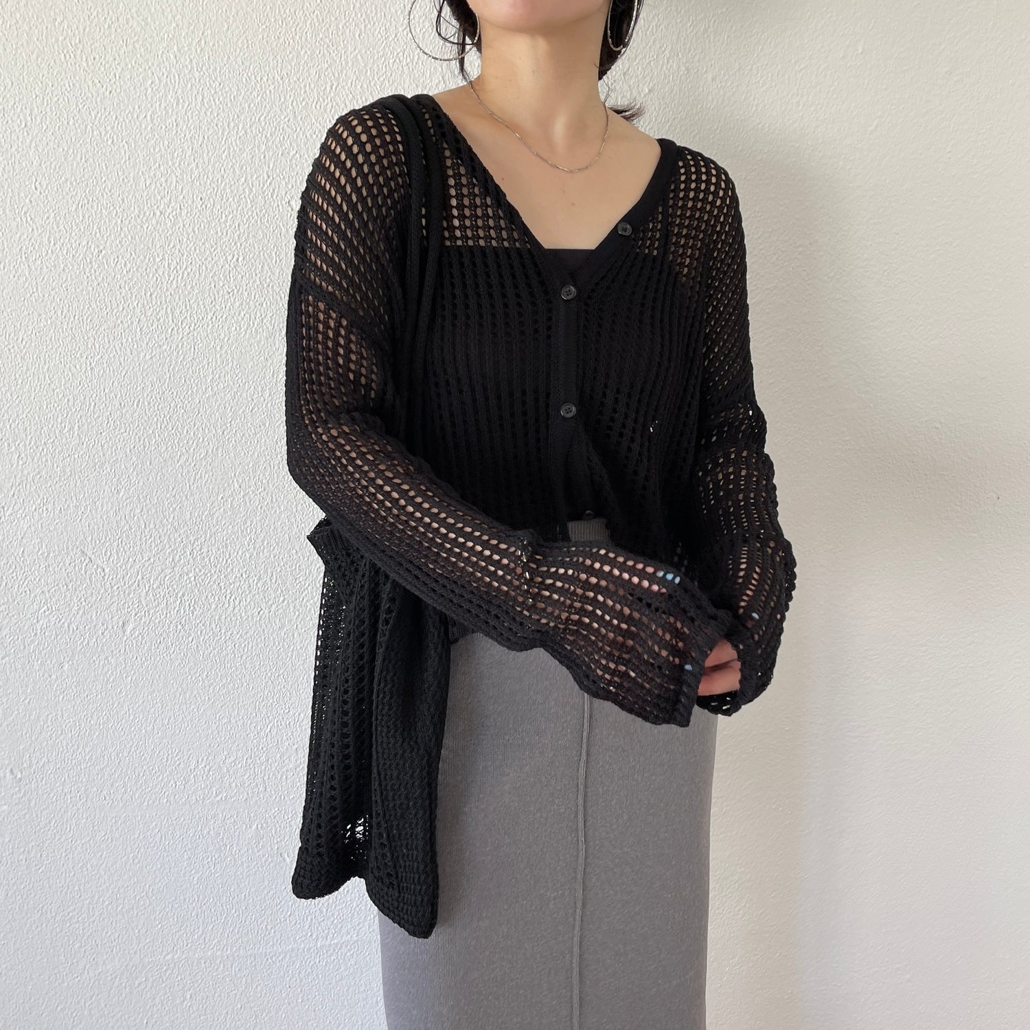 【2点SET】mesh knit cardigan with tote bag / black