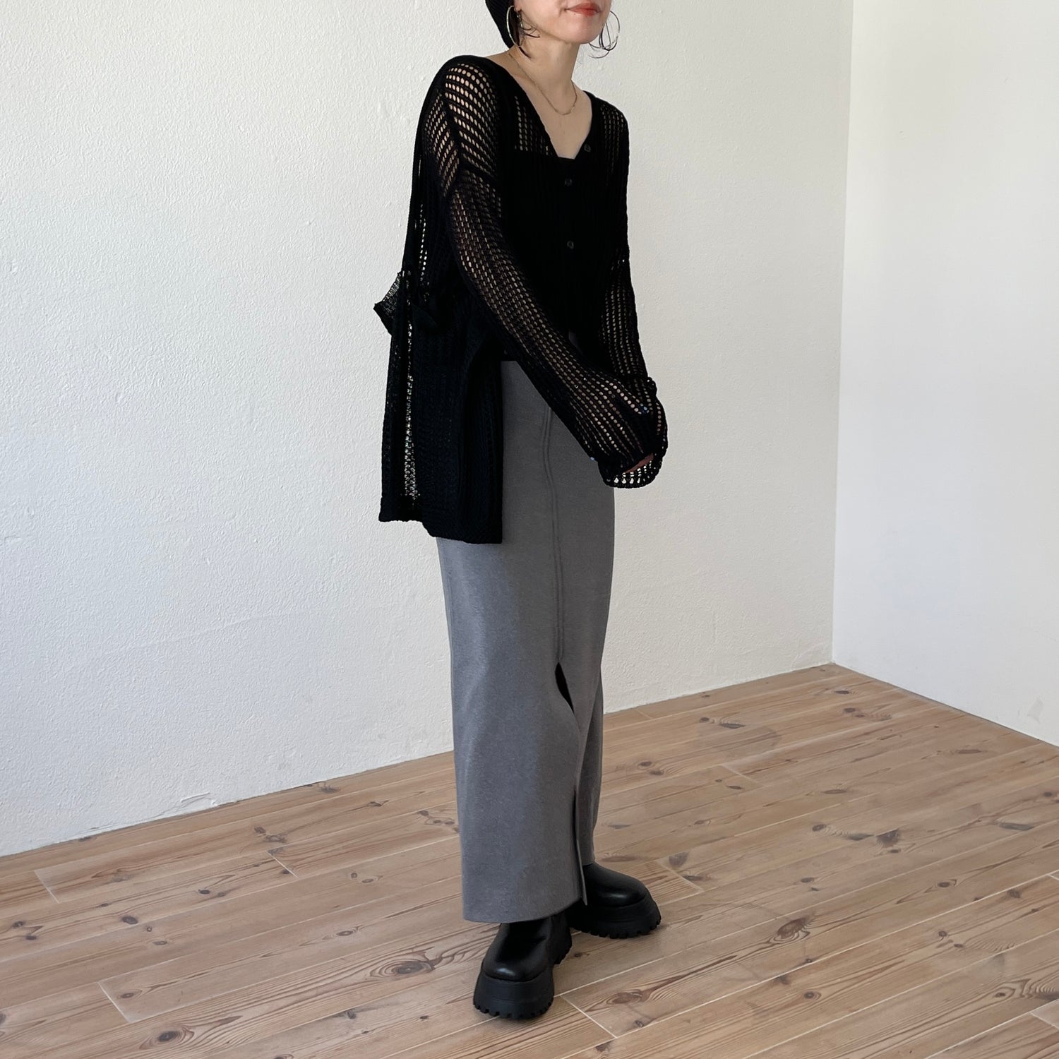 【2点SET】mesh knit cardigan with tote bag / black