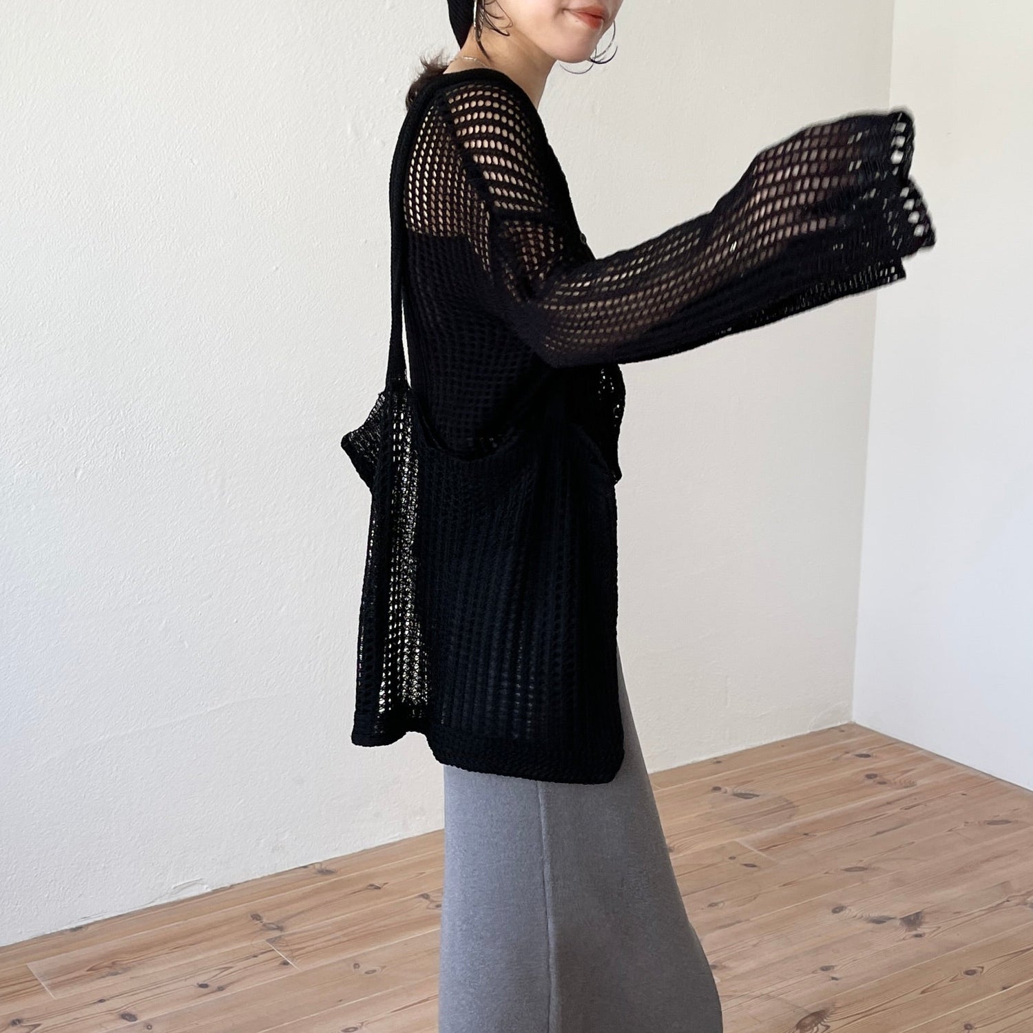 【SAMPLE】【2点SET】mesh knit cardigan with tote bag / black