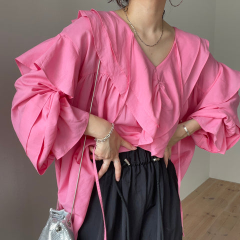 【SAMPLE】big collar frill blouse / linen pink