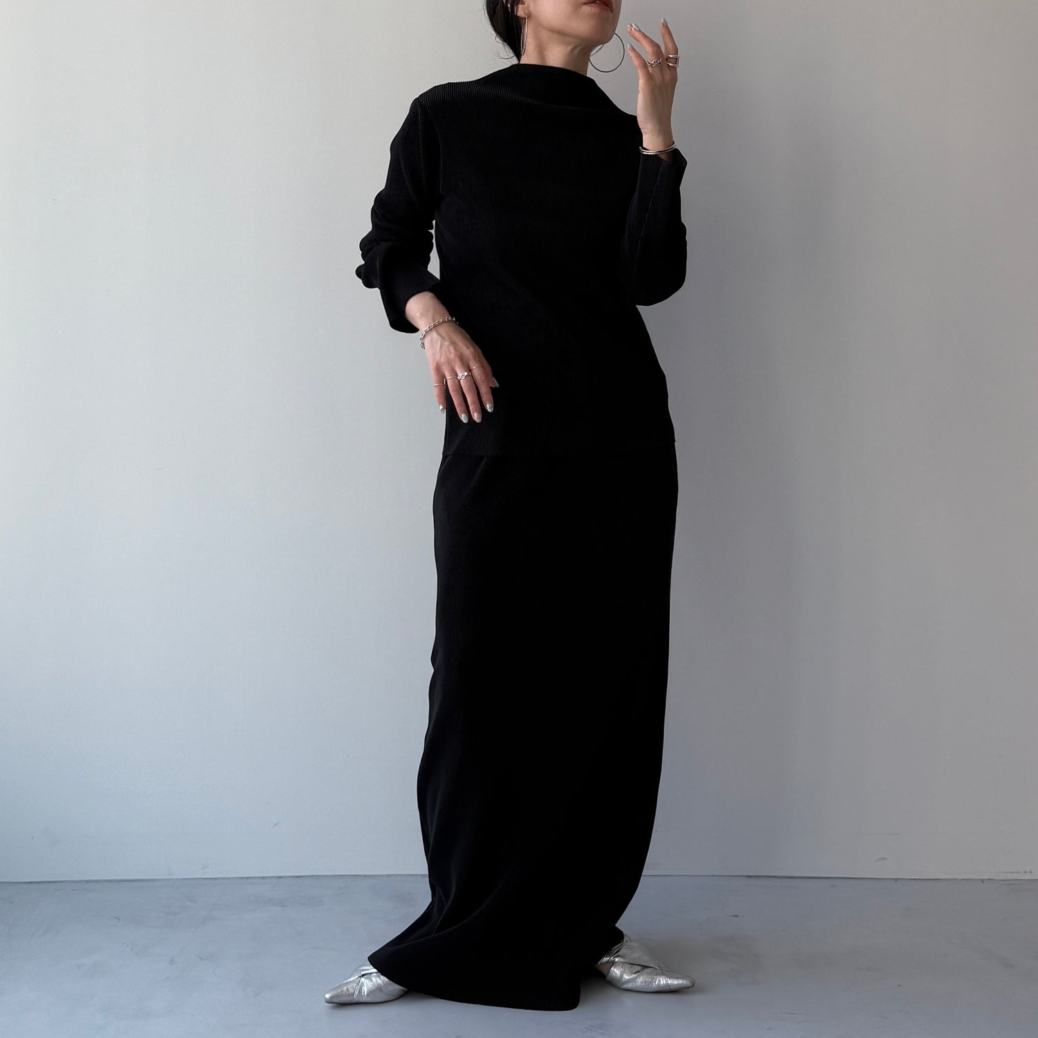 daily daily super stretch pleats tops / black [プチハイ or クルーネック]