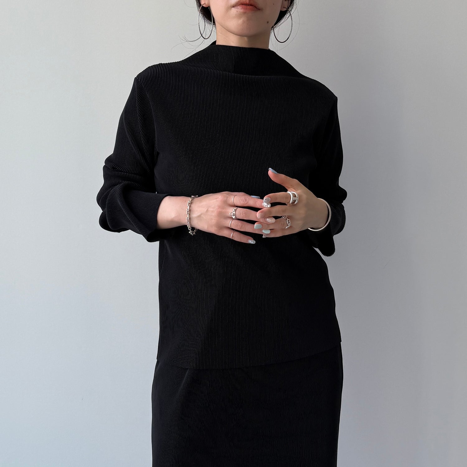 daily daily super stretch pleats tops / black [プチハイ or クルーネック]