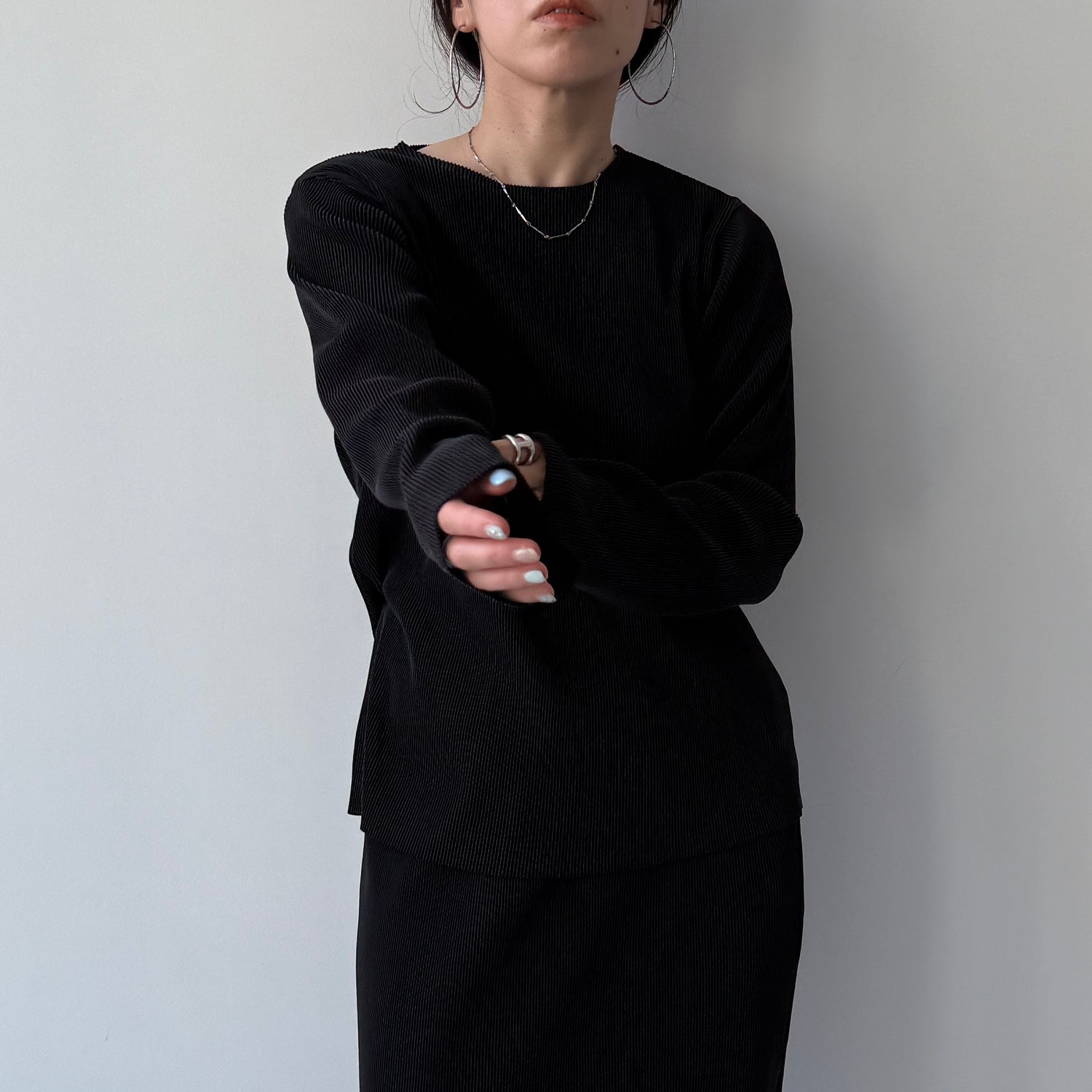 daily daily super stretch pleats tops / black [プチハイ or クルーネック]