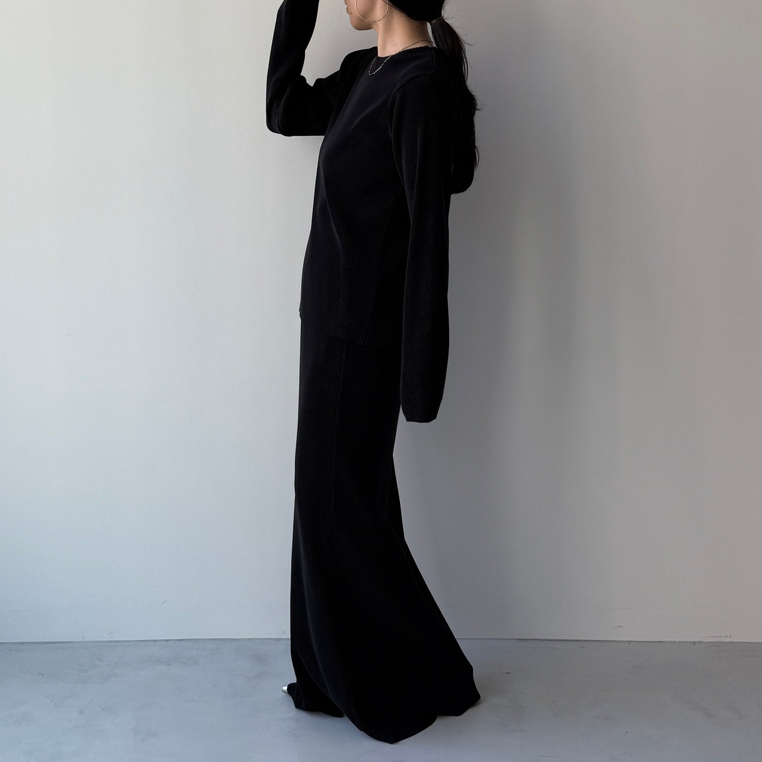 daily daily super stretch pleats tops / black [プチハイ or クルーネック]