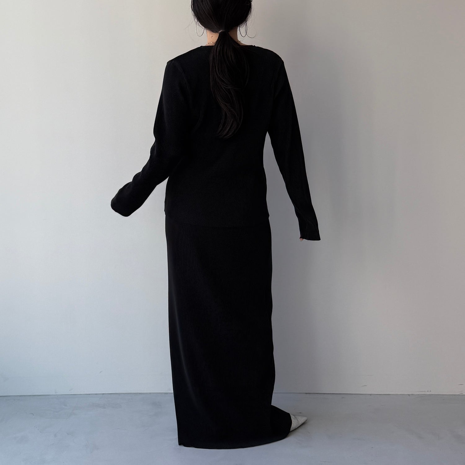 daily daily super stretch pleats tops / black [プチハイ or クルーネック]