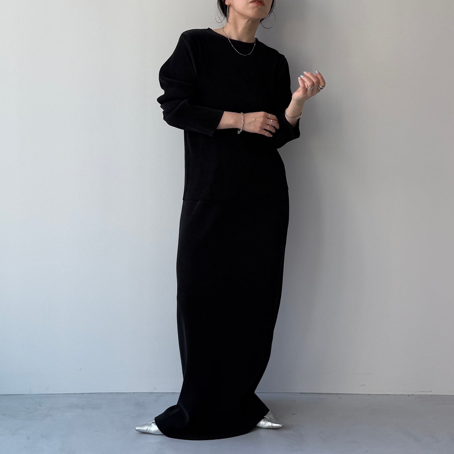daily daily super stretch pleats tops / black [プチハイ or クルーネック]