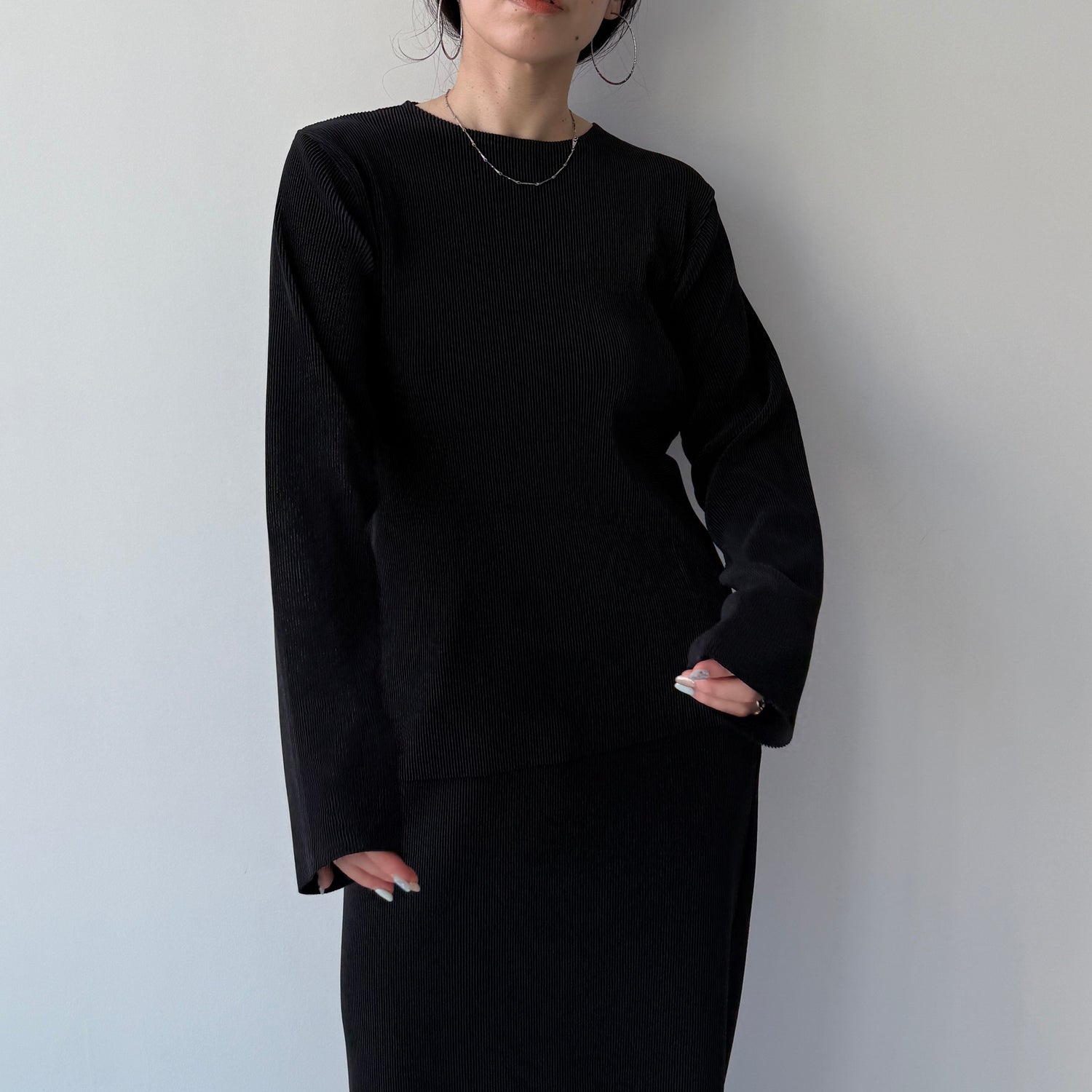 daily daily super stretch pleats tops / black [プチハイ or クルーネック]