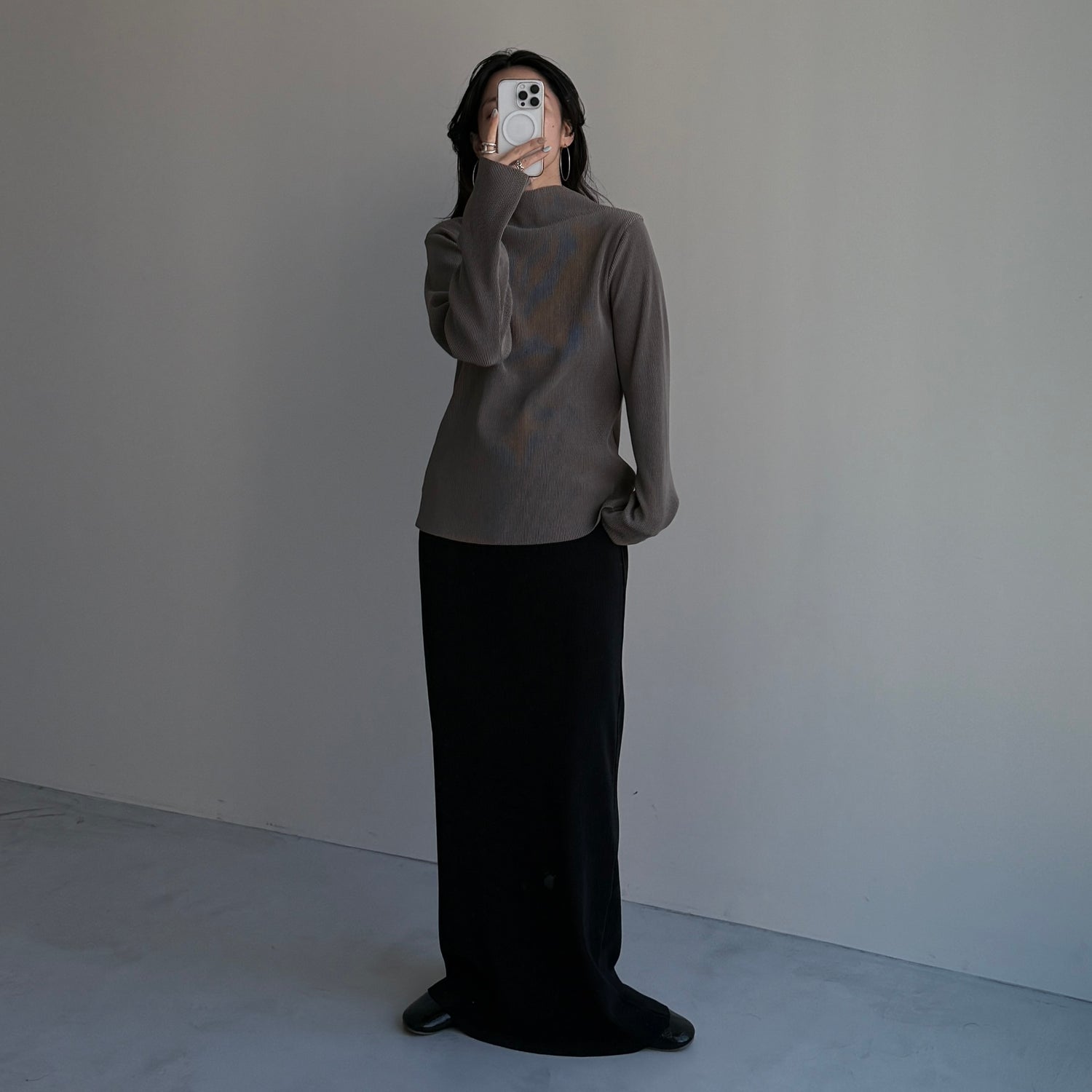 daily daily super stretch pleats tops / ash gray [プチハイ or クルーネック]