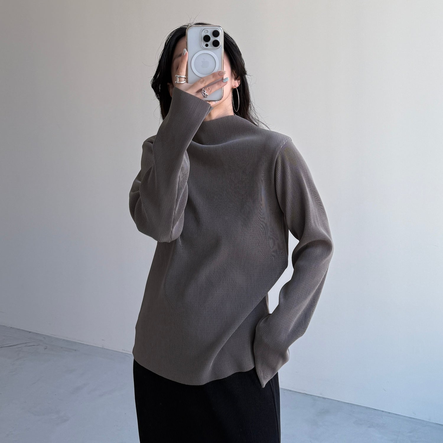daily daily super stretch pleats tops / ash gray [プチハイ or クルーネック]