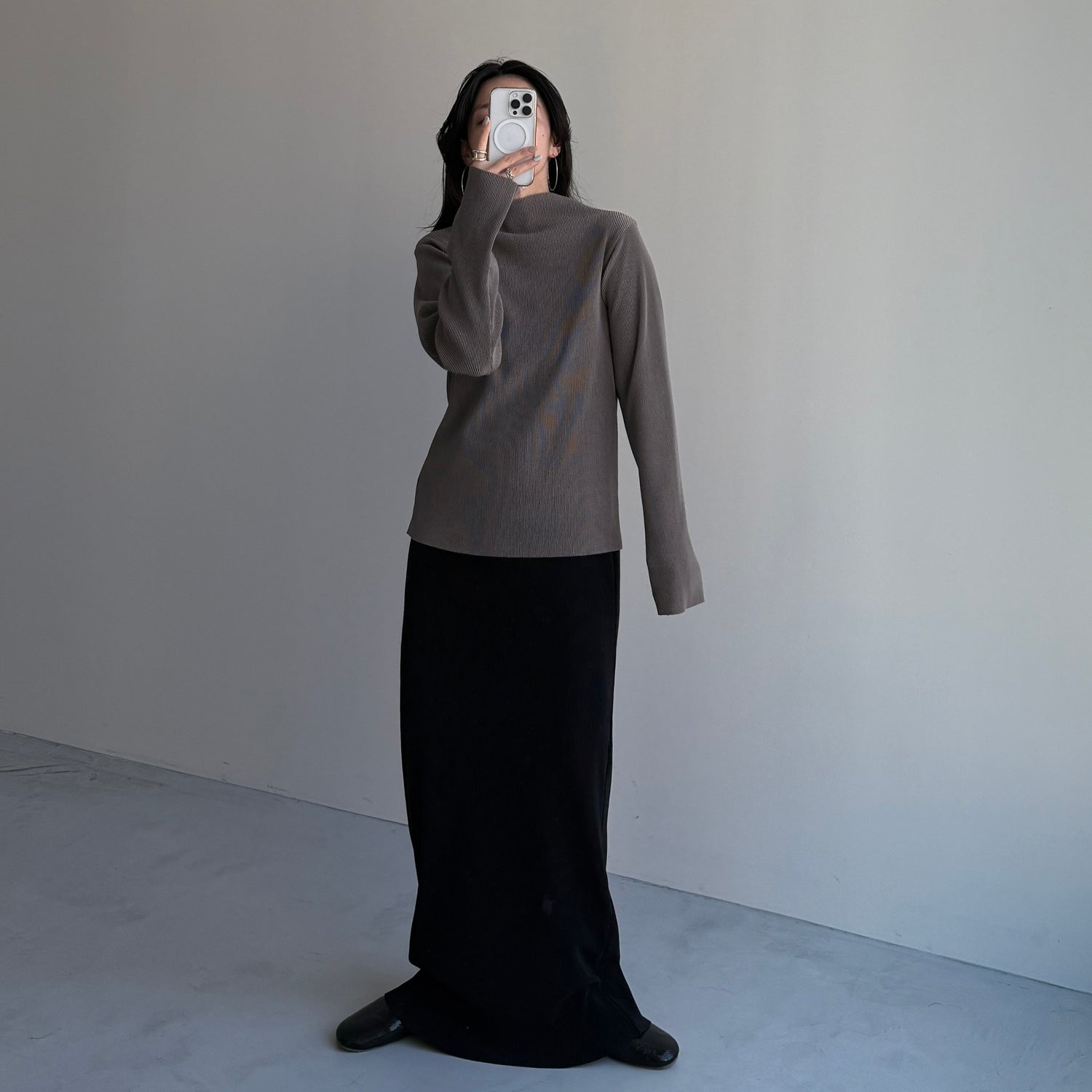 daily daily super stretch pleats tops / ash gray [プチハイ or クルーネック]
