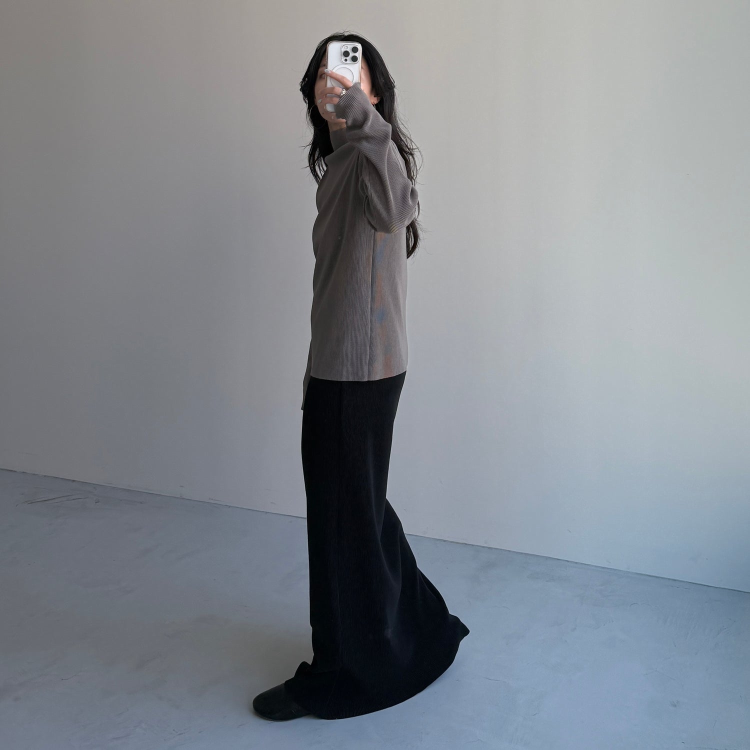 daily daily super stretch pleats tops / ash gray [プチハイ or クルーネック]