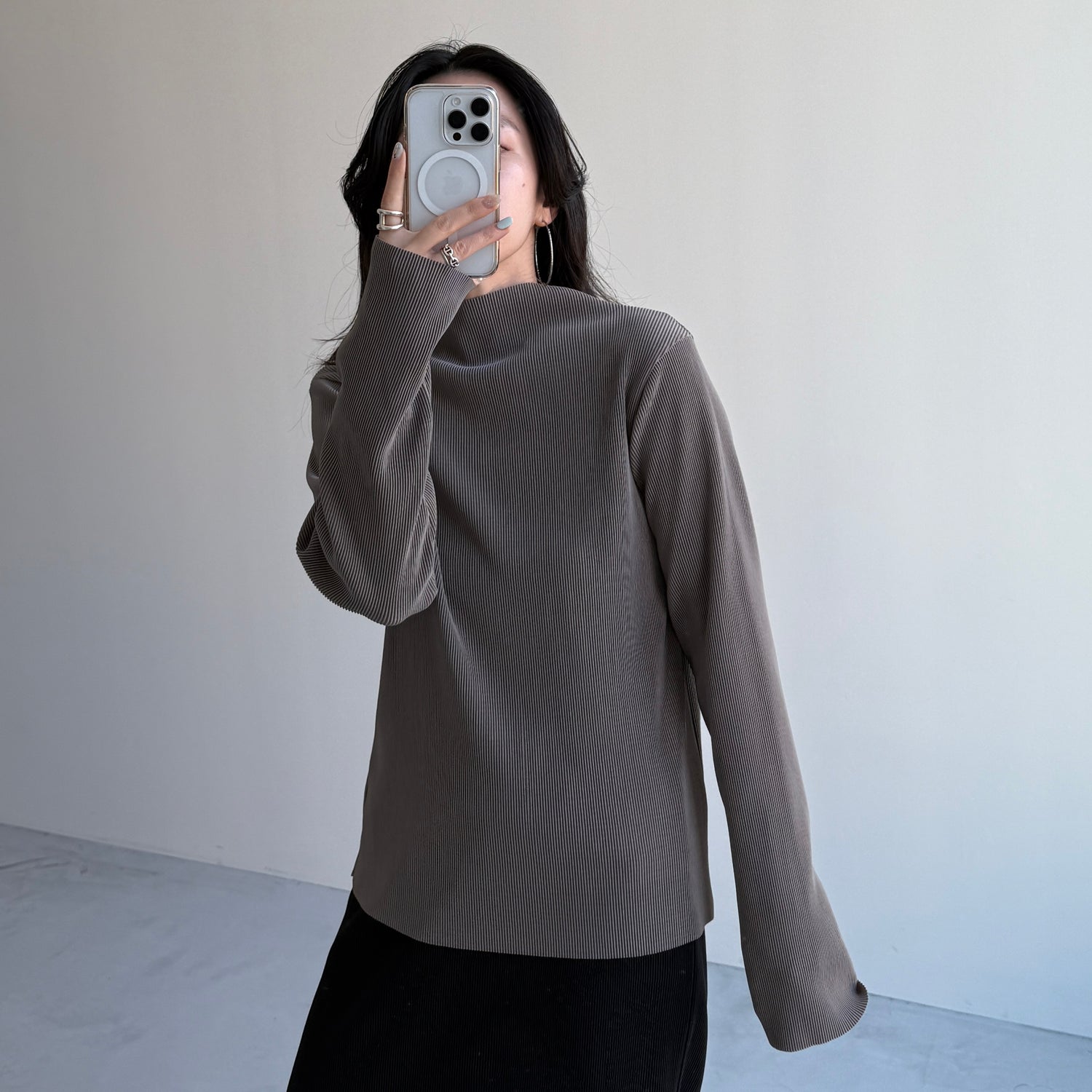 daily daily super stretch pleats tops / ash gray [プチハイ or クルーネック]