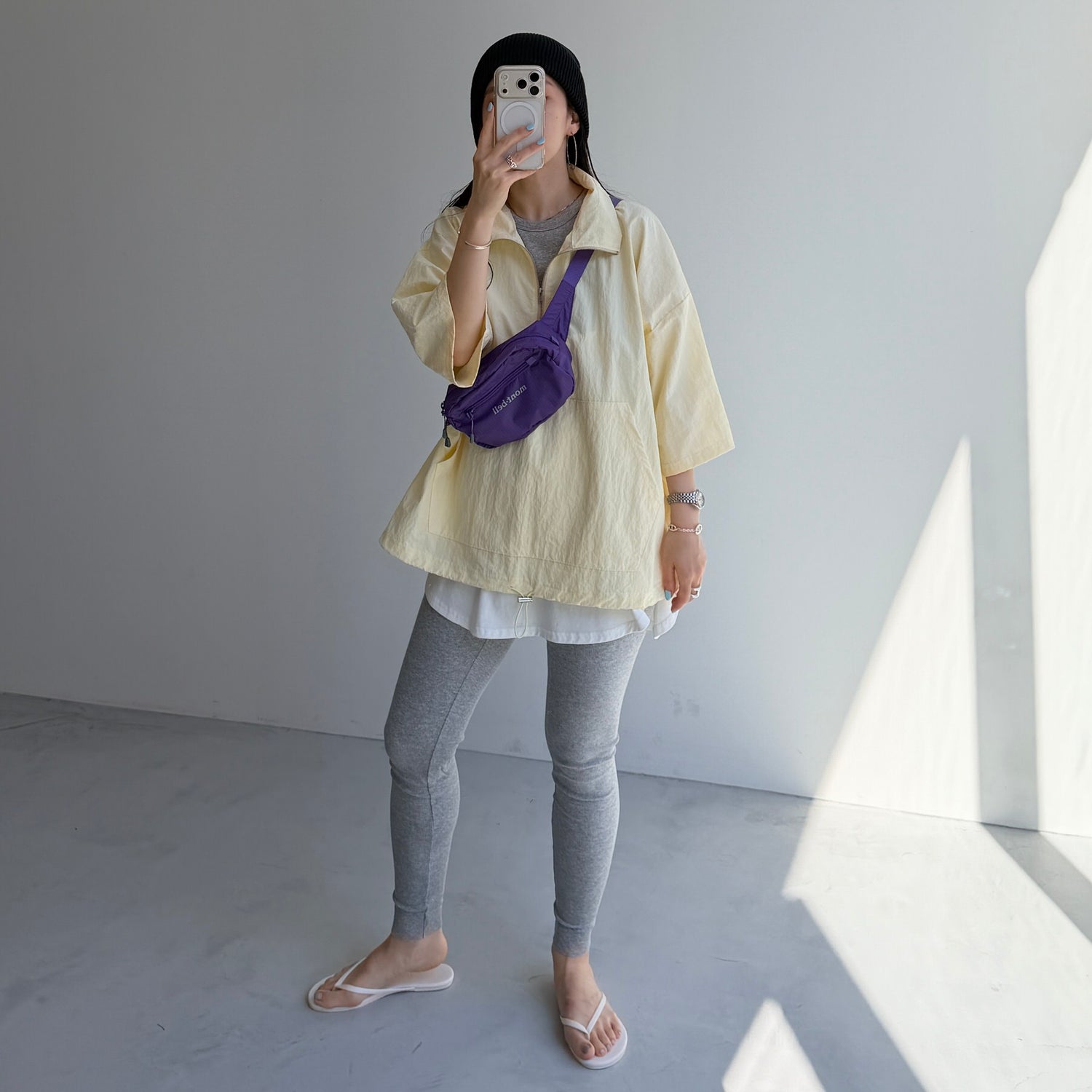 over size half zip nylon po / light yellow