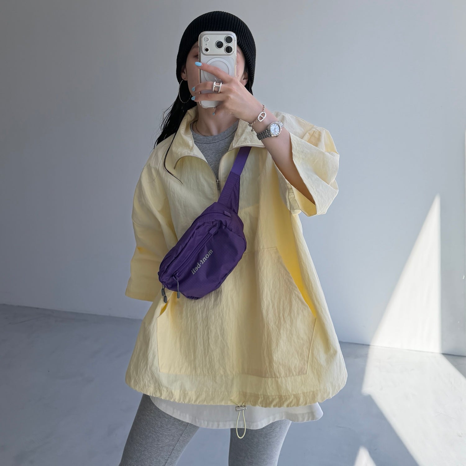 over size half zip nylon po / light yellow