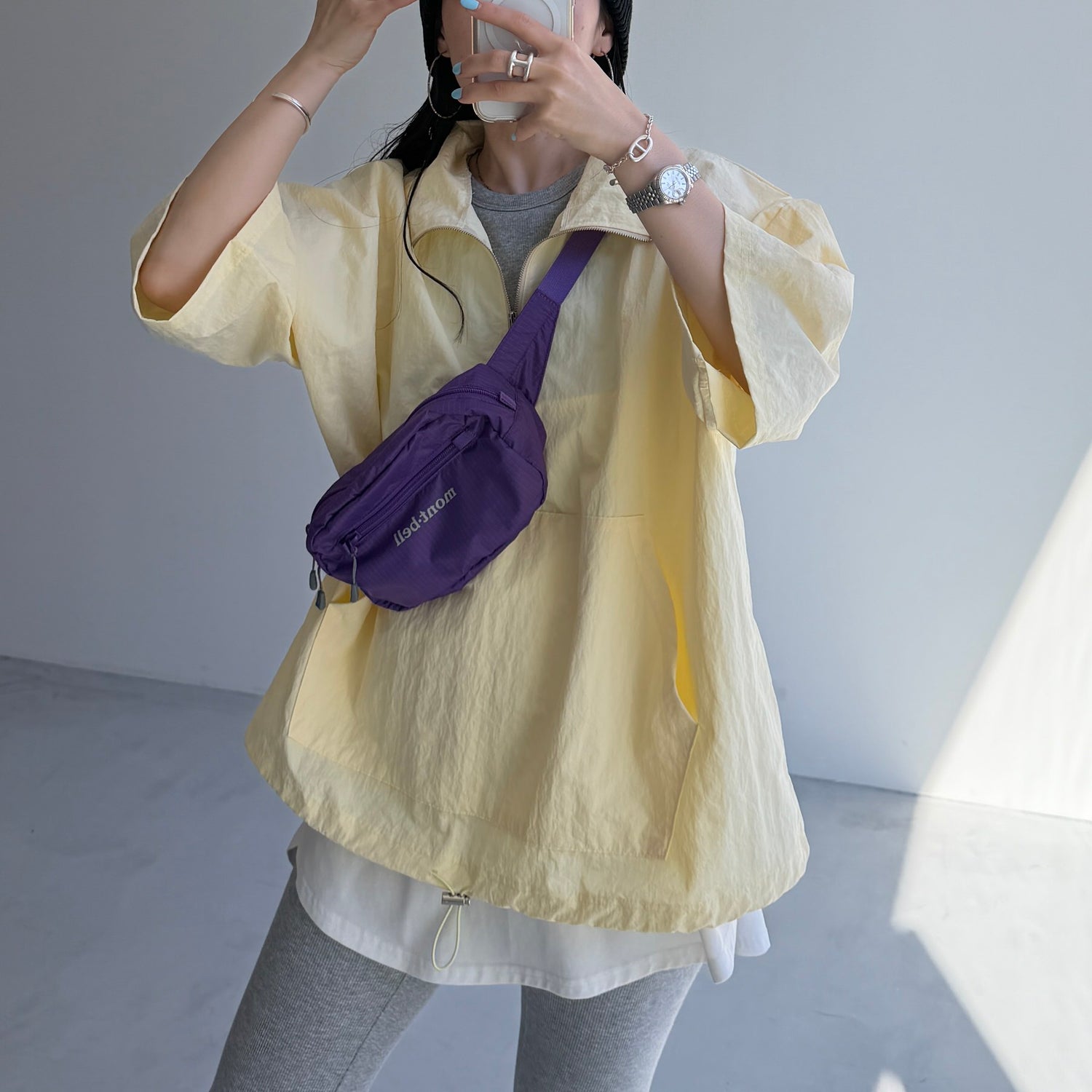over size half zip nylon po / light yellow