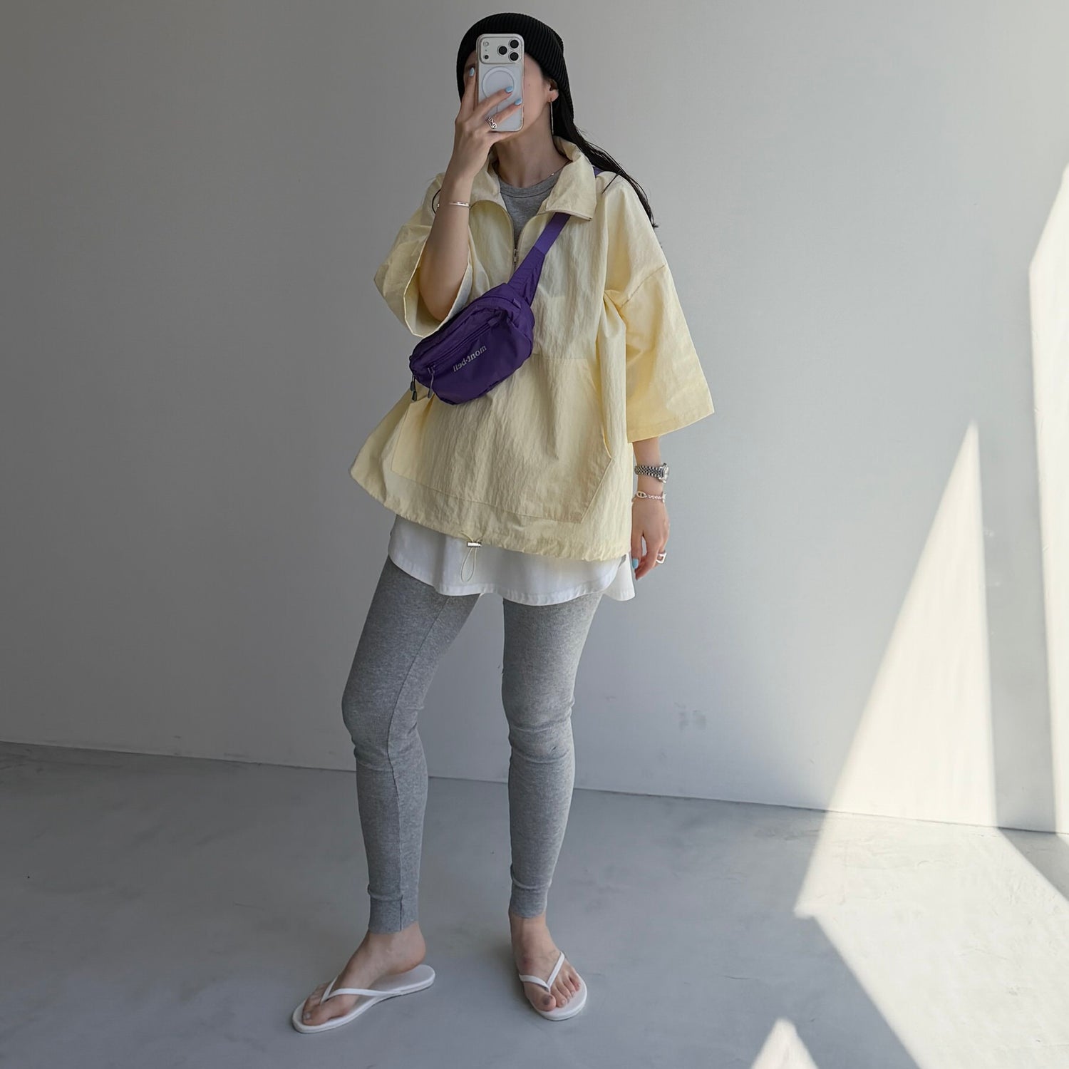 over size half zip nylon po / light yellow