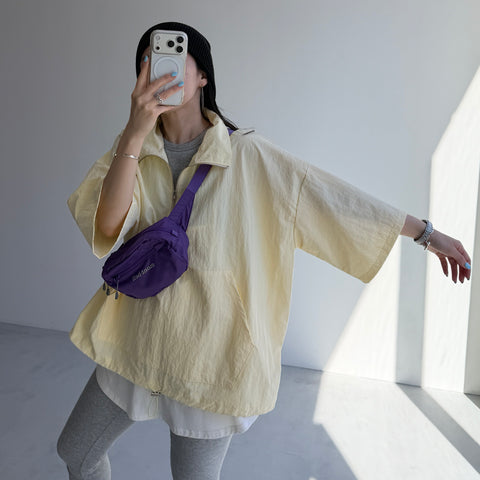 over size half zip nylon po / light yellow