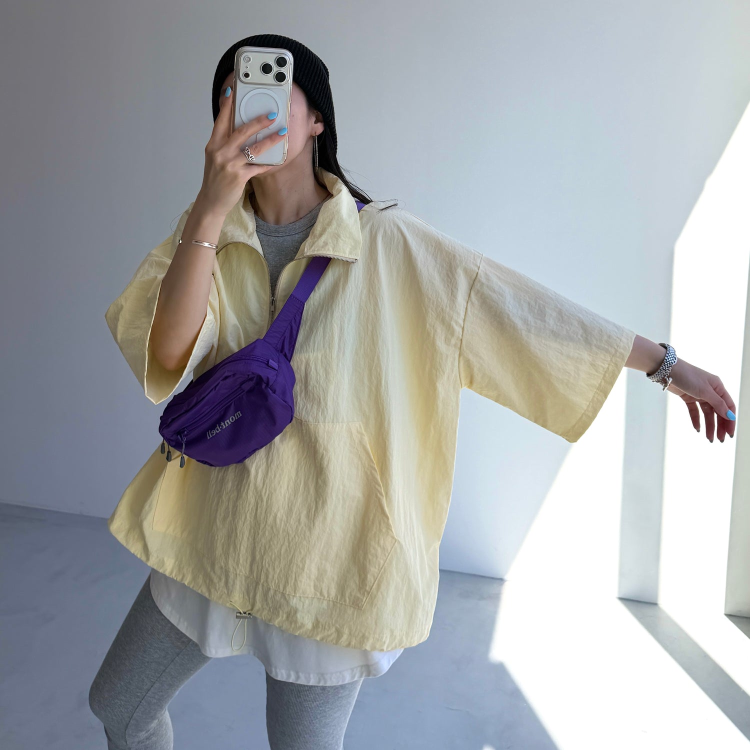 over size half zip nylon po / light yellow
