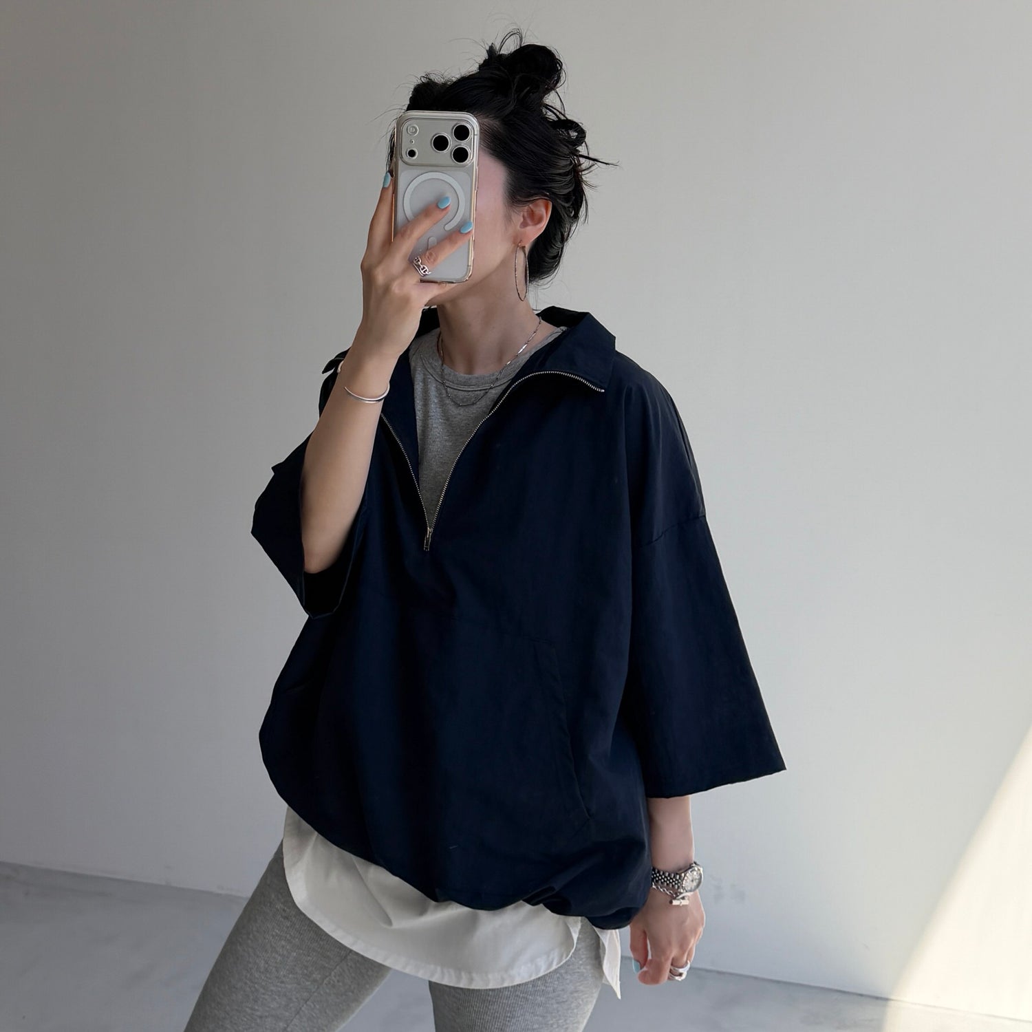 over size half zip nylon po / navy