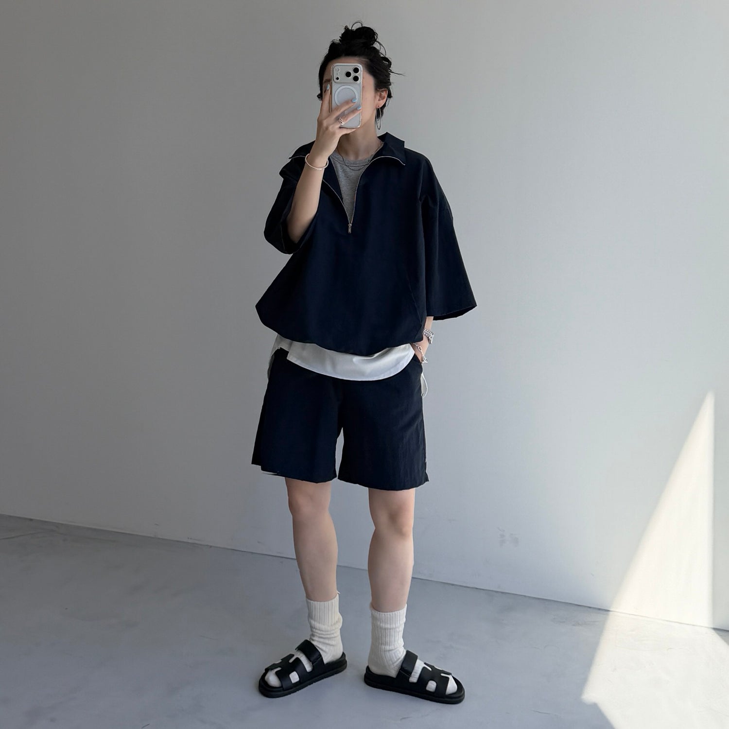 over size half zip nylon po / navy