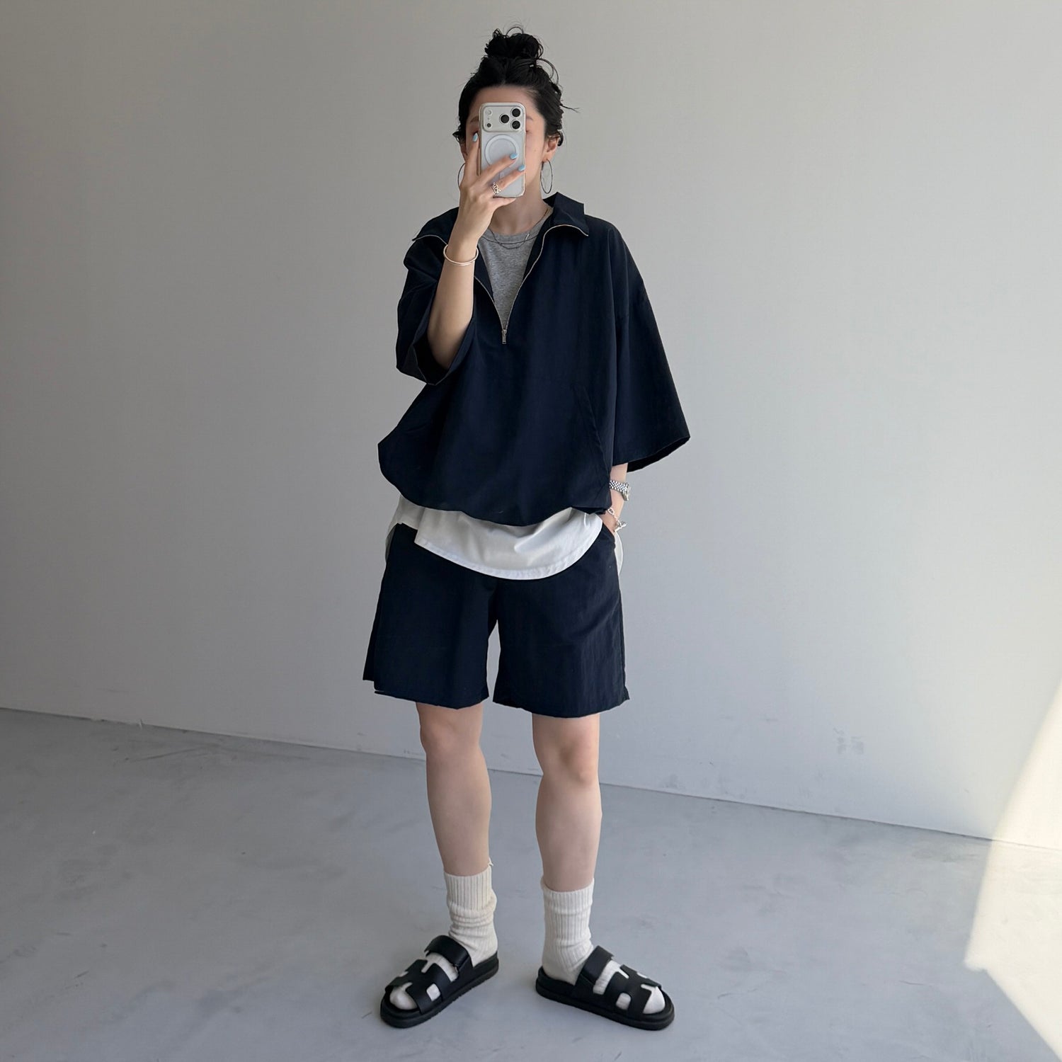 over size half zip nylon po / navy