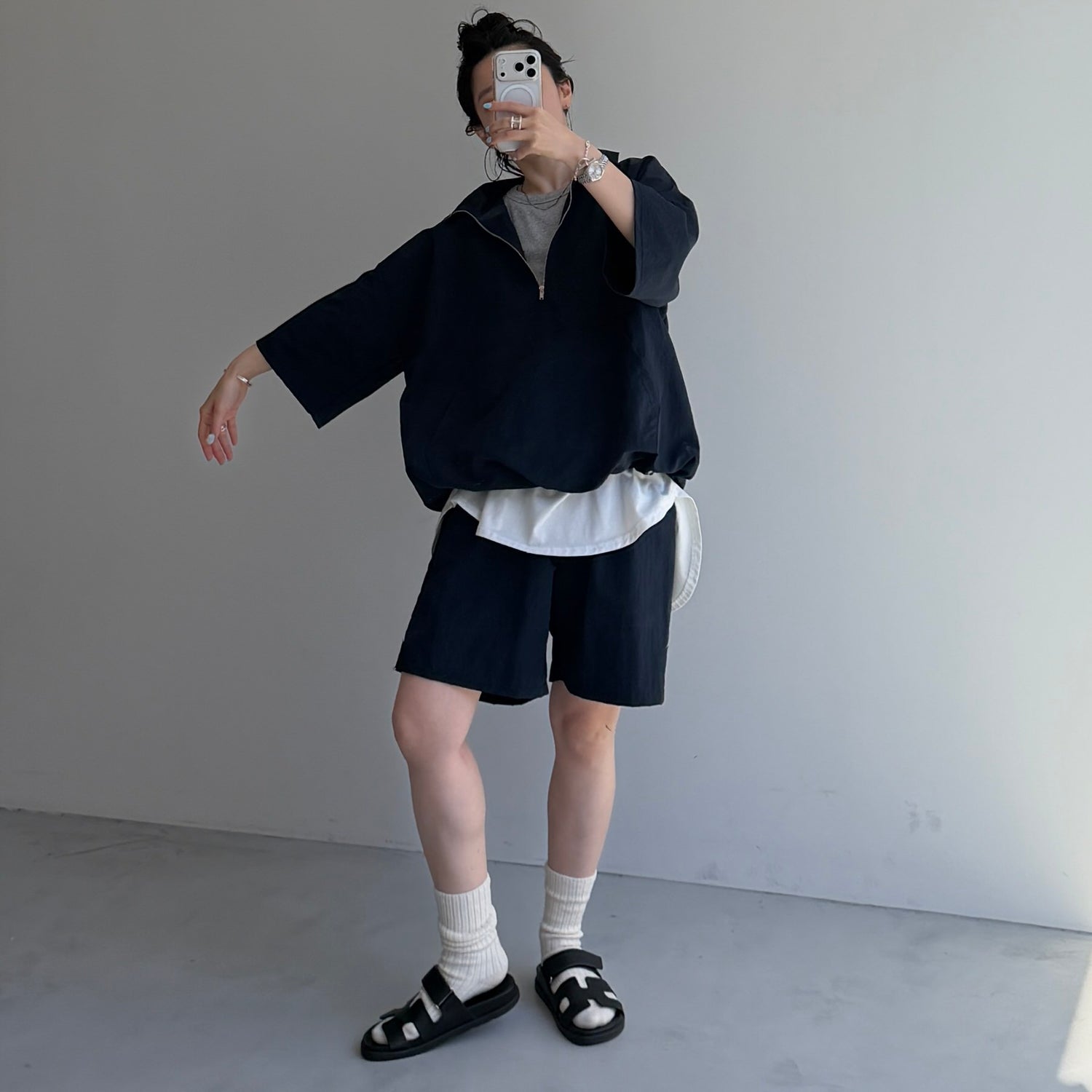 over size half zip nylon po / navy
