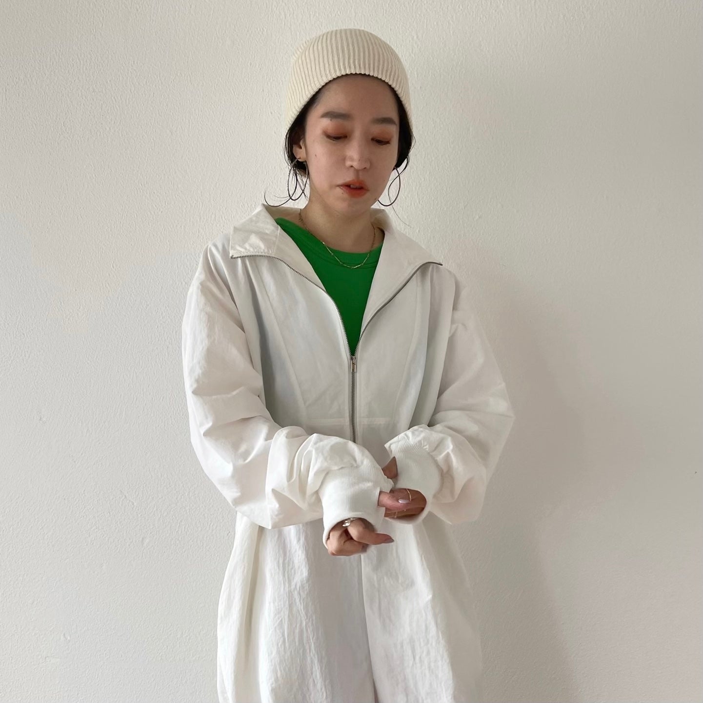 high neck half zip up nylon all in one / ivory （ハイネックハーフ ...