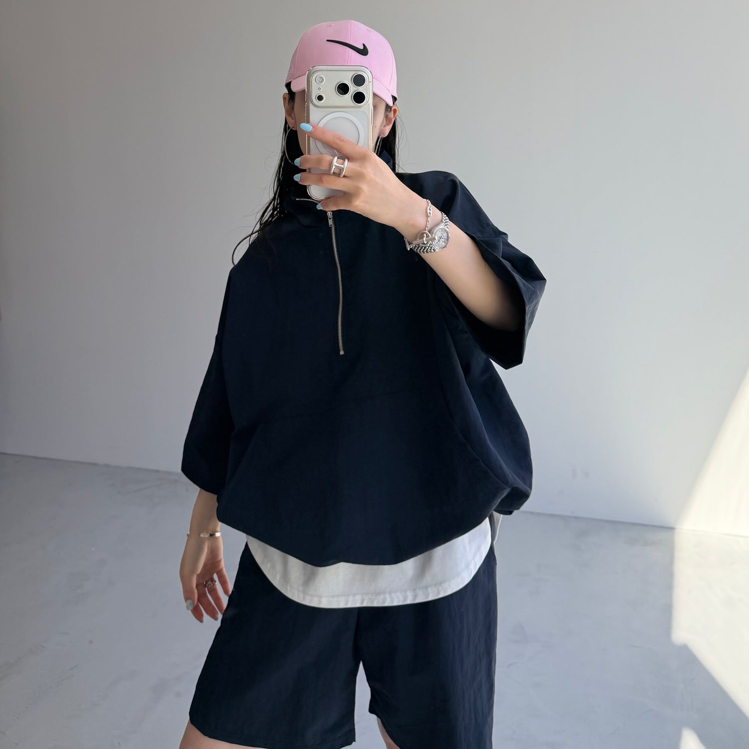 over size half zip nylon po / navy