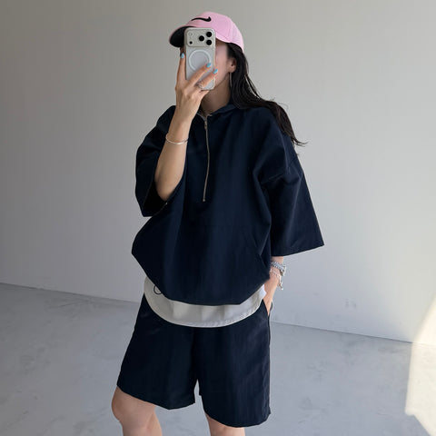 【2点SET】half zip nylon set up / navy