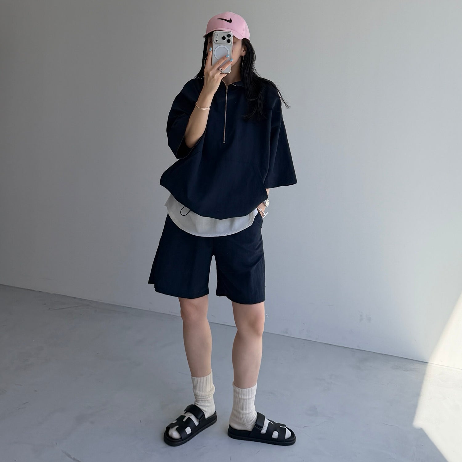 over size half zip nylon po / navy