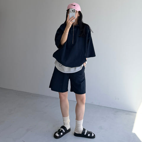 【2点SET】half zip nylon set up / navy
