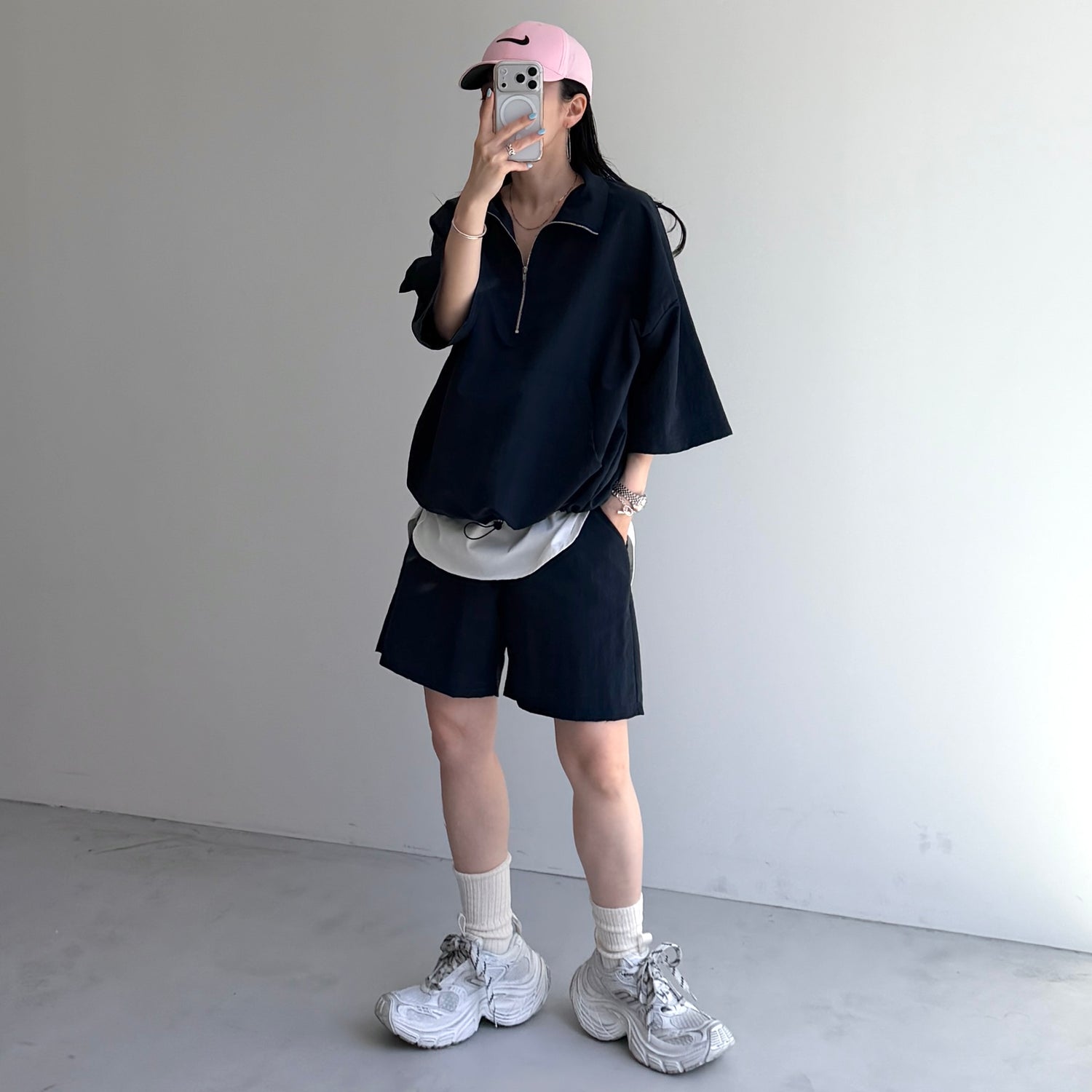 【2点SET】half zip nylon set up / navy