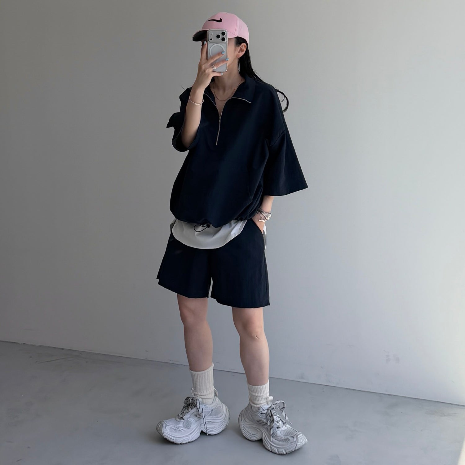 over size half zip nylon po / navy