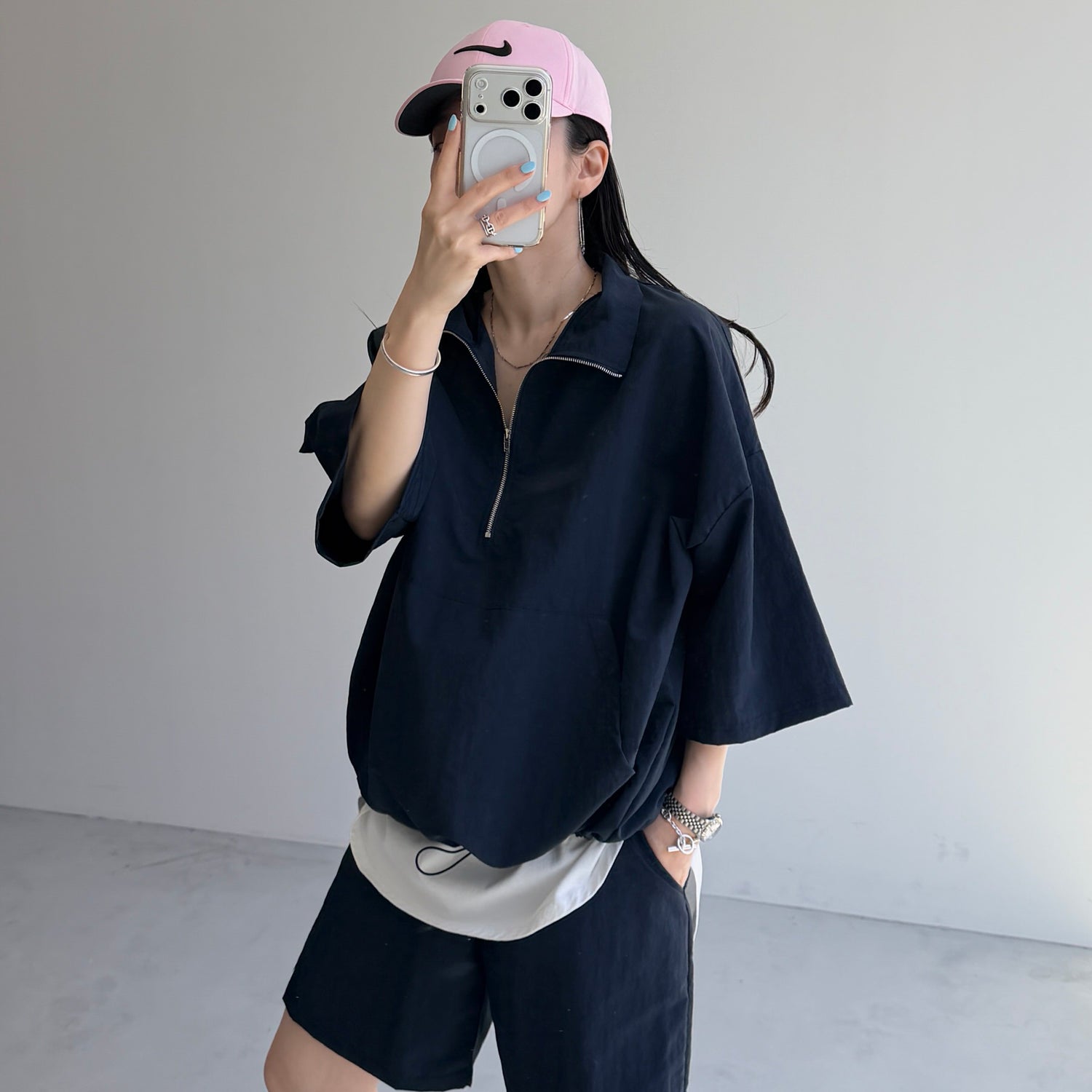 over size half zip nylon po / navy