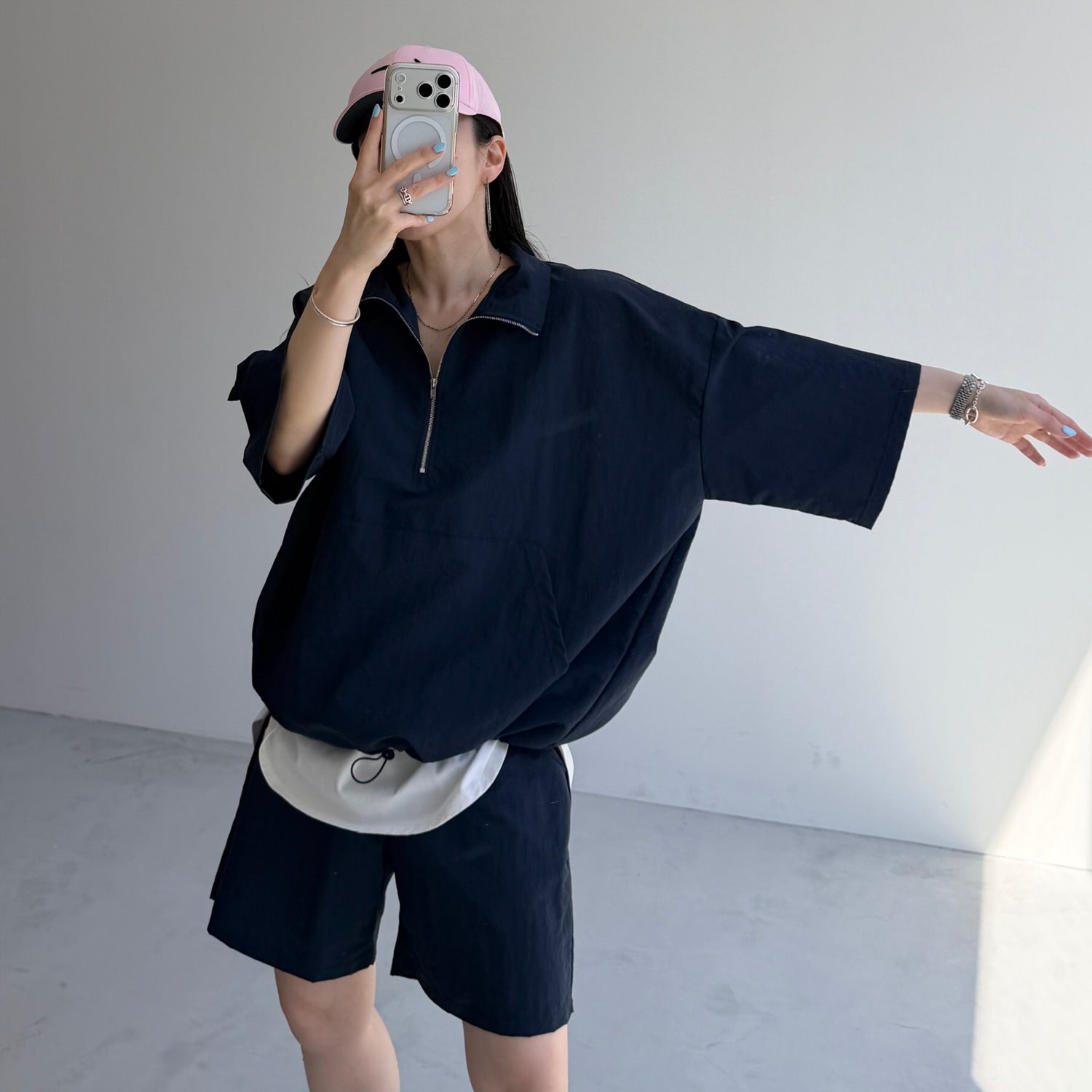 over size half zip nylon po / navy