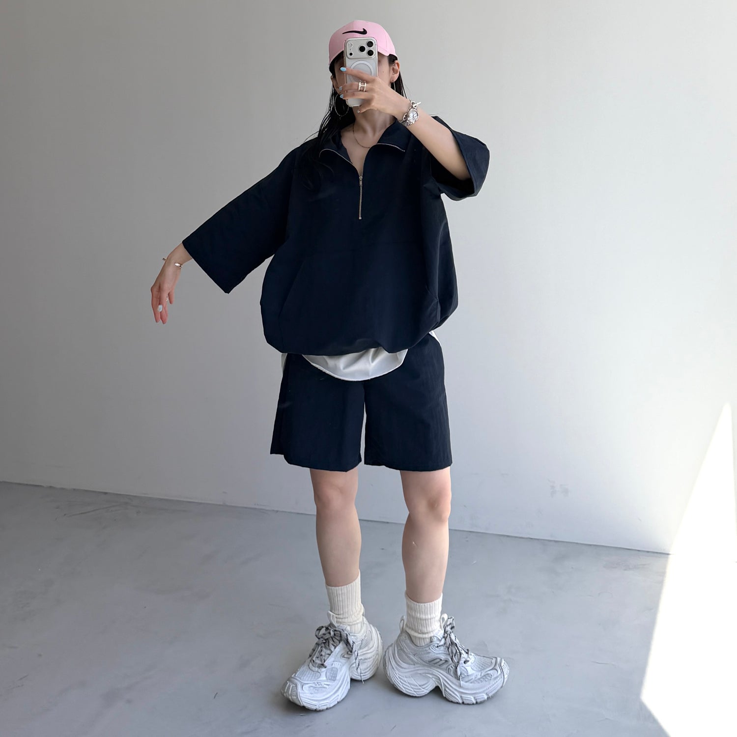 【2点SET】half zip nylon set up / navy