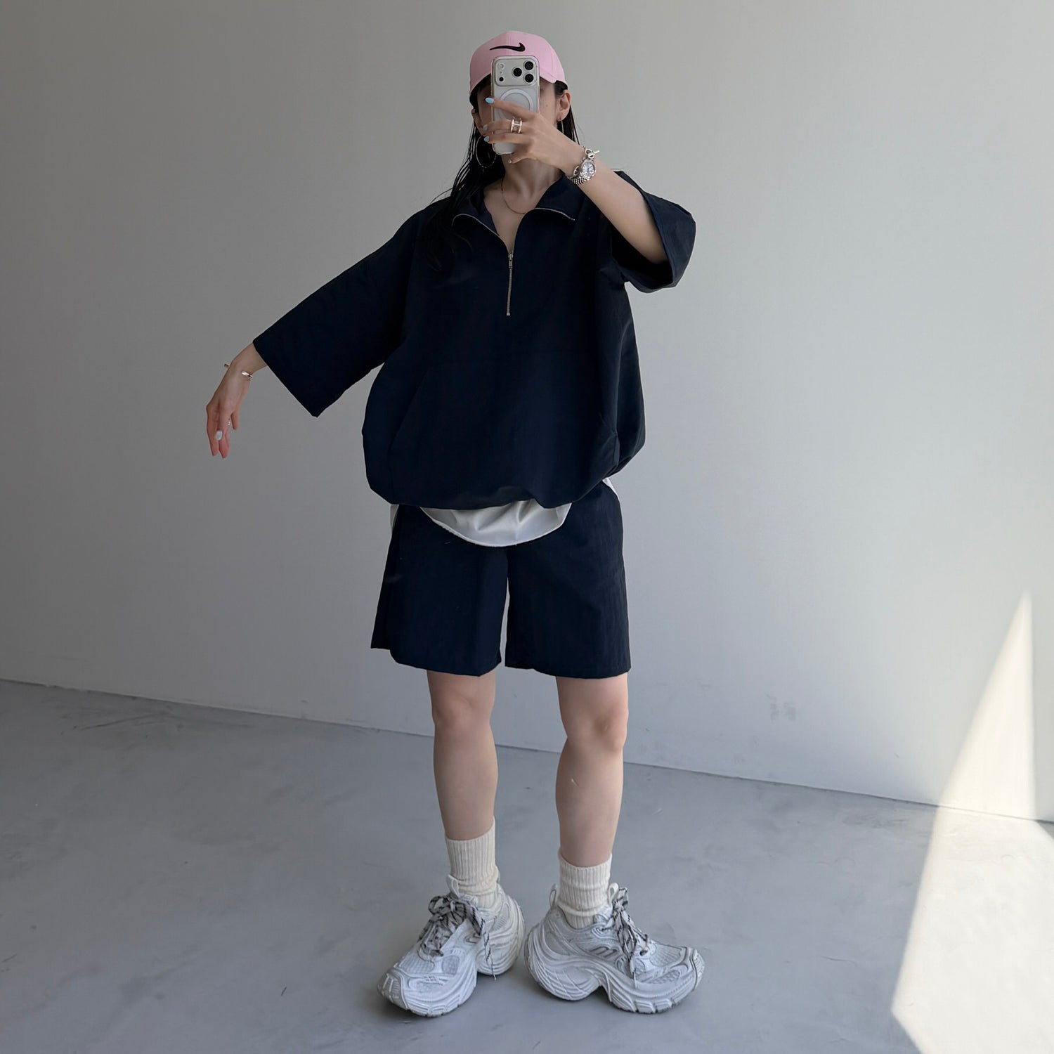 over size half zip nylon po / navy