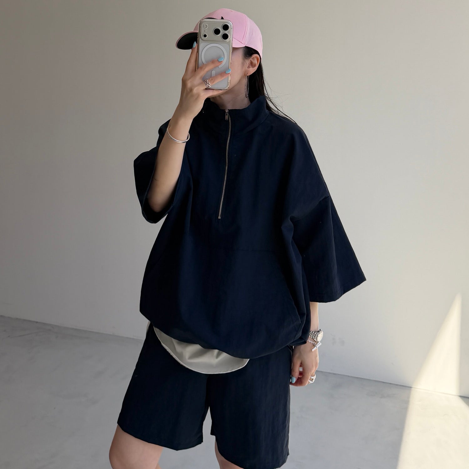 over size half zip nylon po / navy