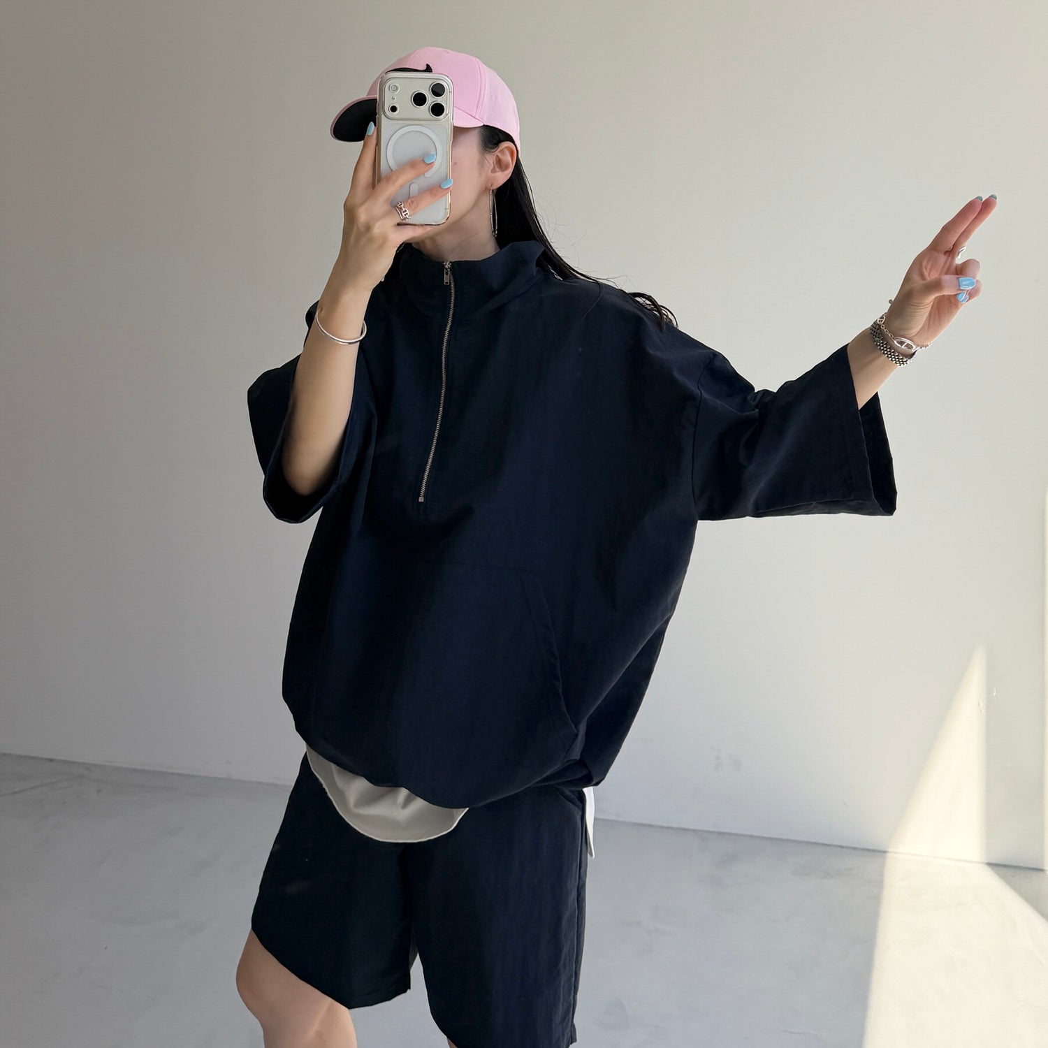 over size half zip nylon po / navy