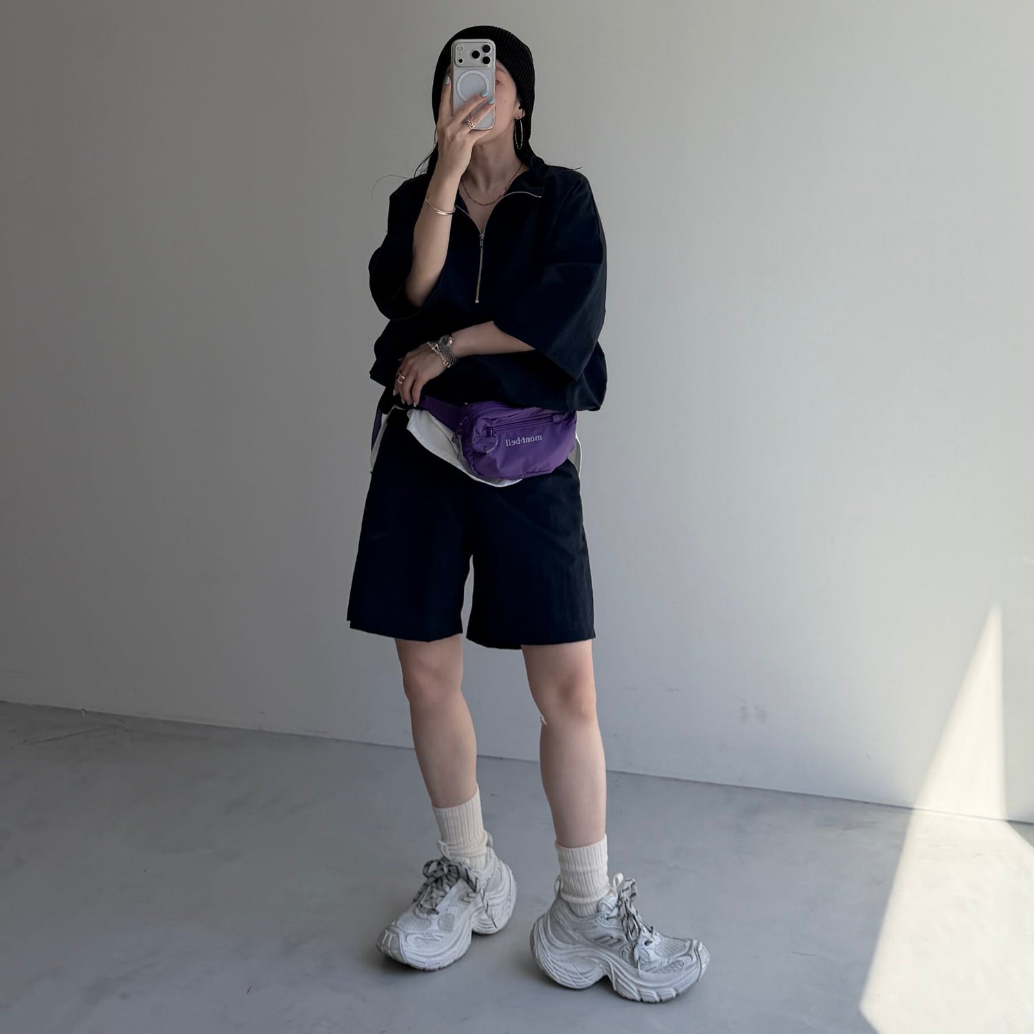 over size half zip nylon po / navy
