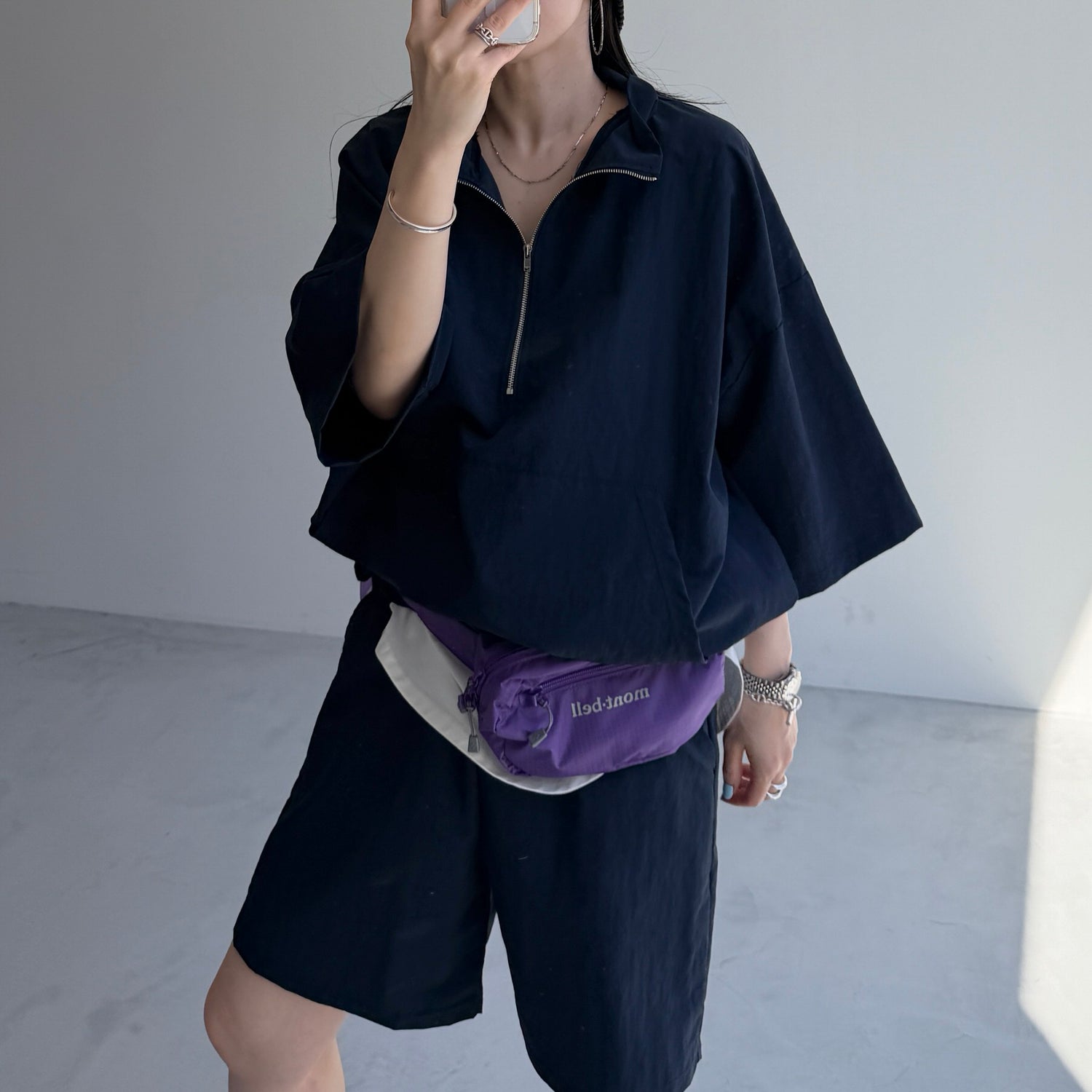 over size half zip nylon po / navy