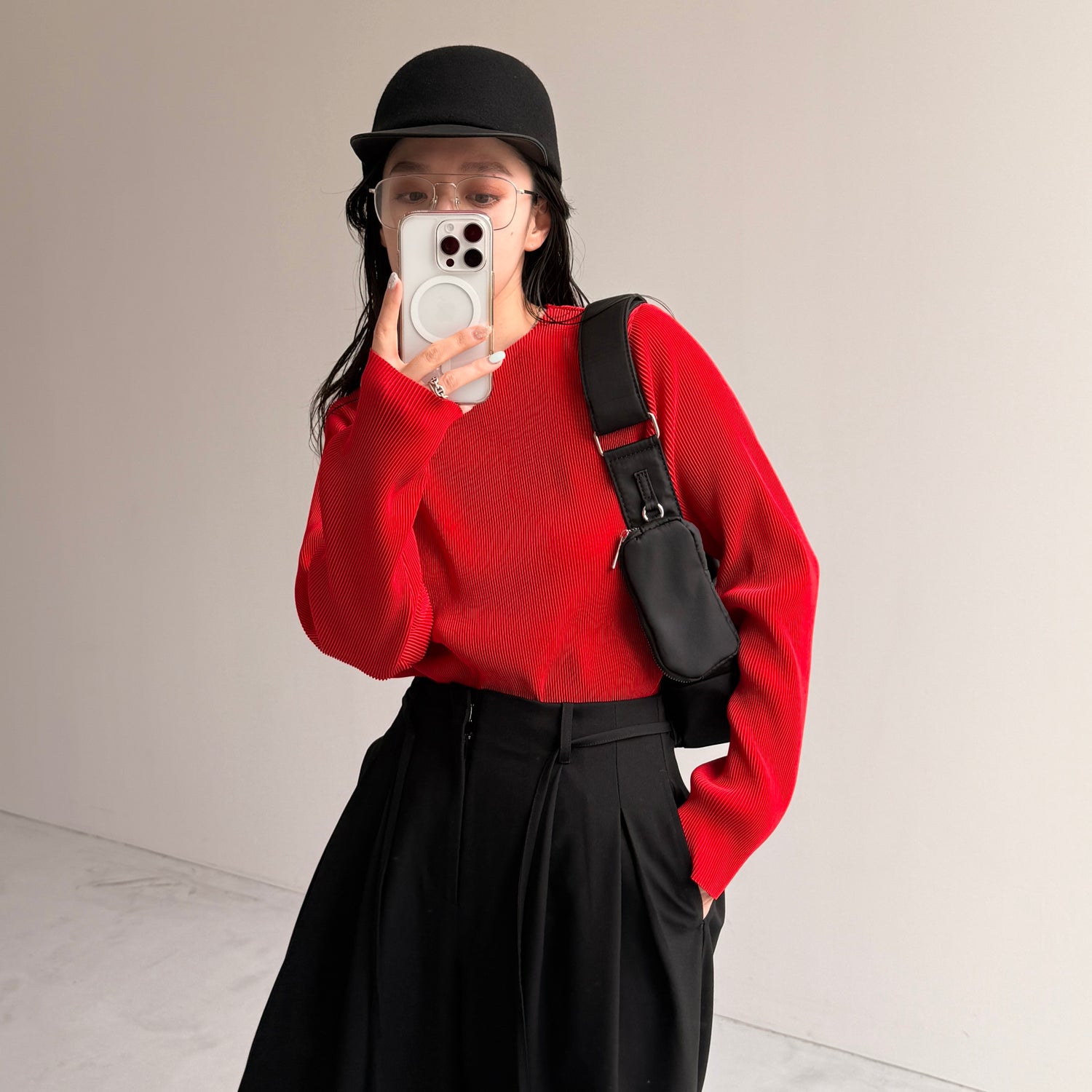 daily daily super stretch pleats tops / red [プチハイ or クルーネック]